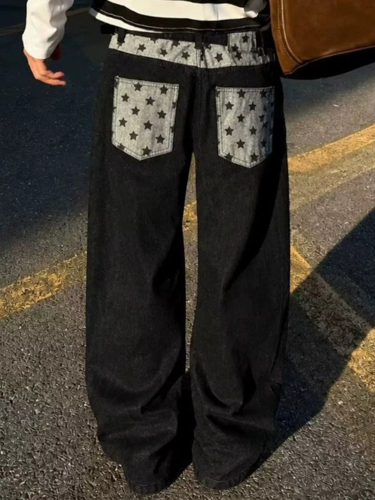Star-Print Contrast Pocket Wide-Leg Jeans in Black by Firm Stand