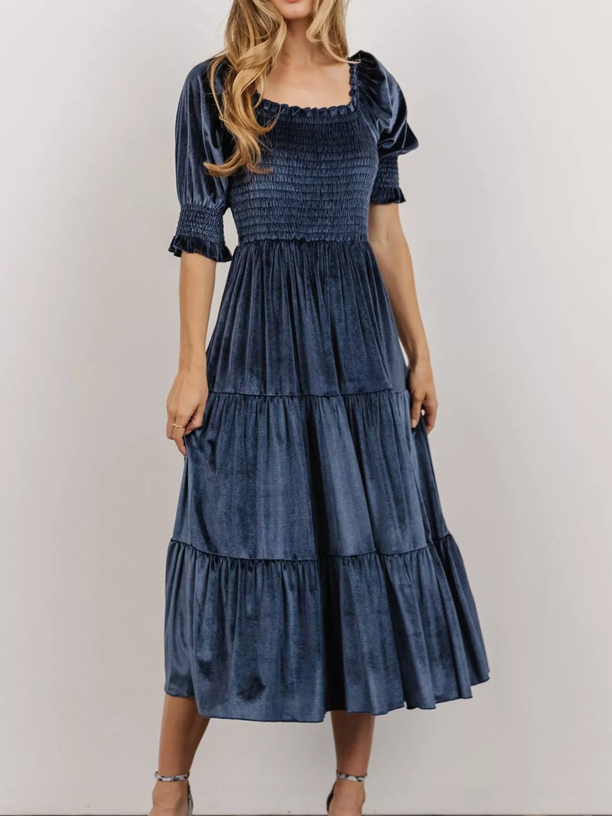 Smocked Tiered Velvet Midi Dress