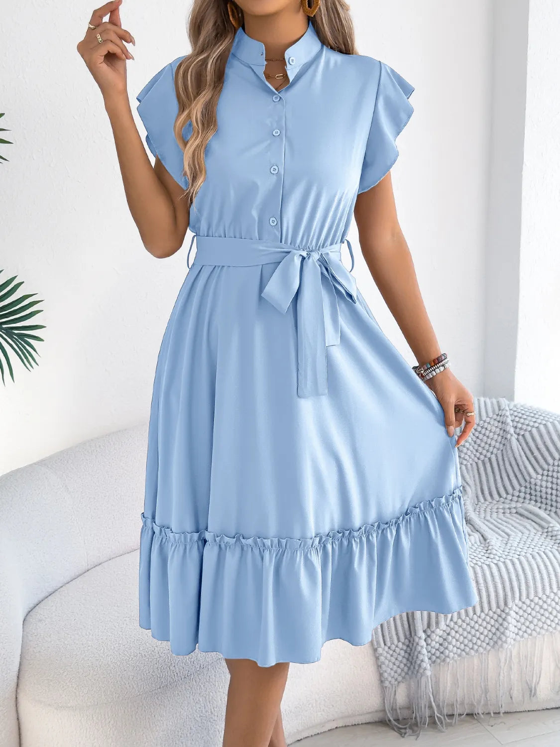 Tie-Waist Ruffled Cap Sleeve Dress