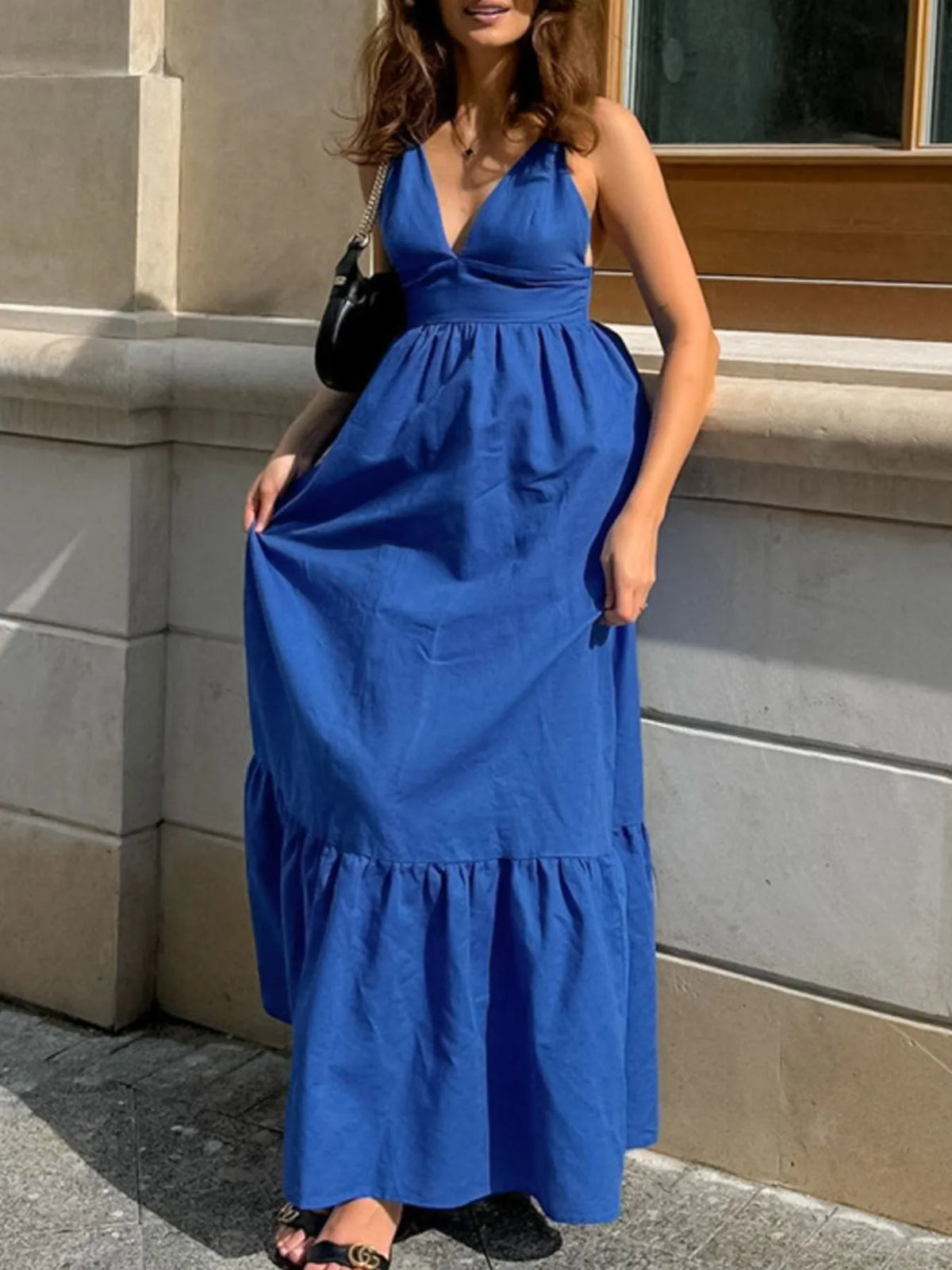 V-Neck Tiered Maxi Cami Dress in Blue
