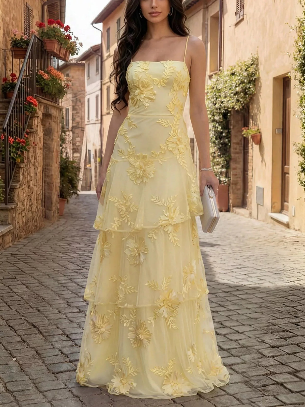 Floral Appliqué Tiered Maxi Dress