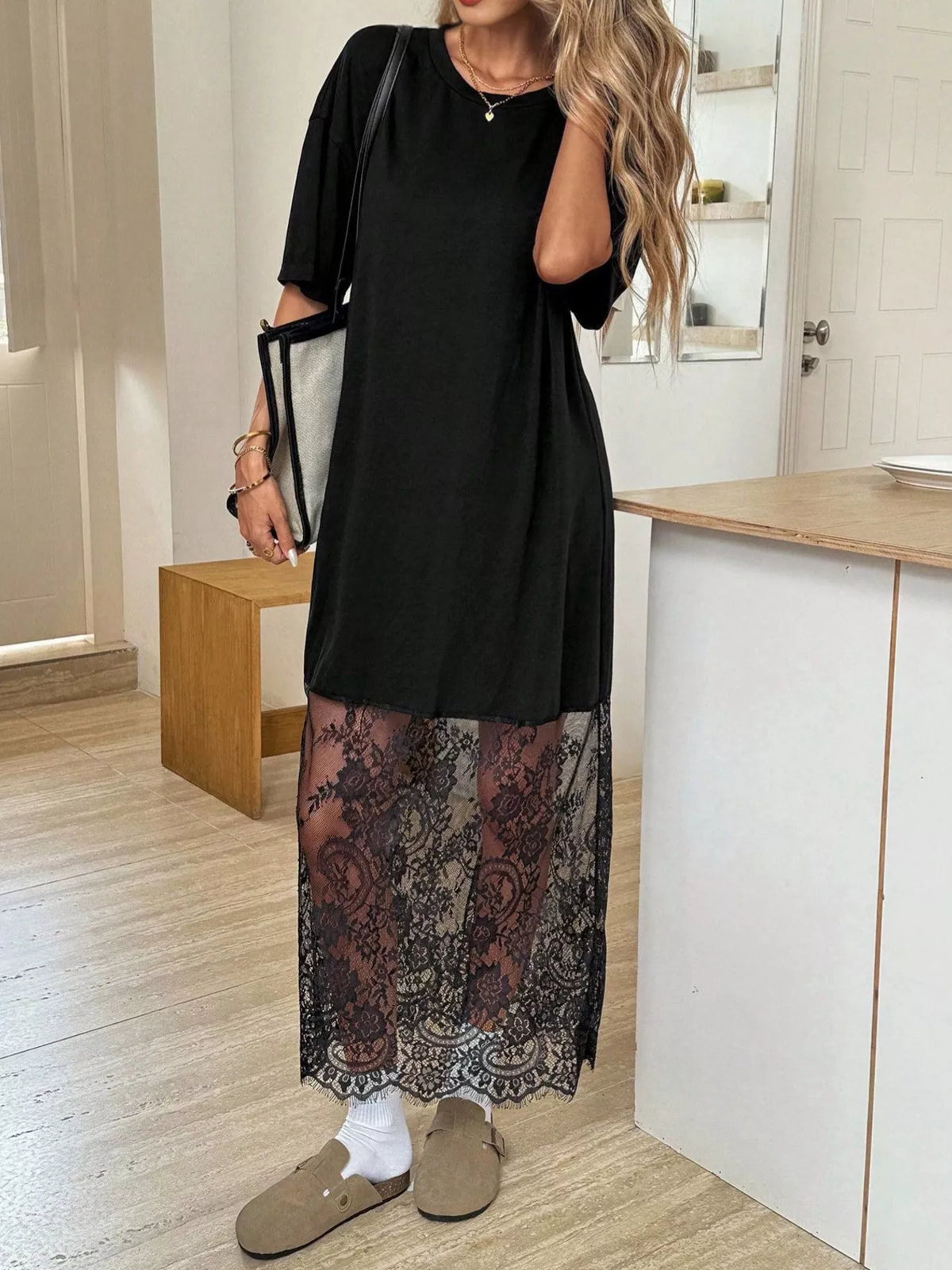 Floral Lace-Hem Tee Dress in Black