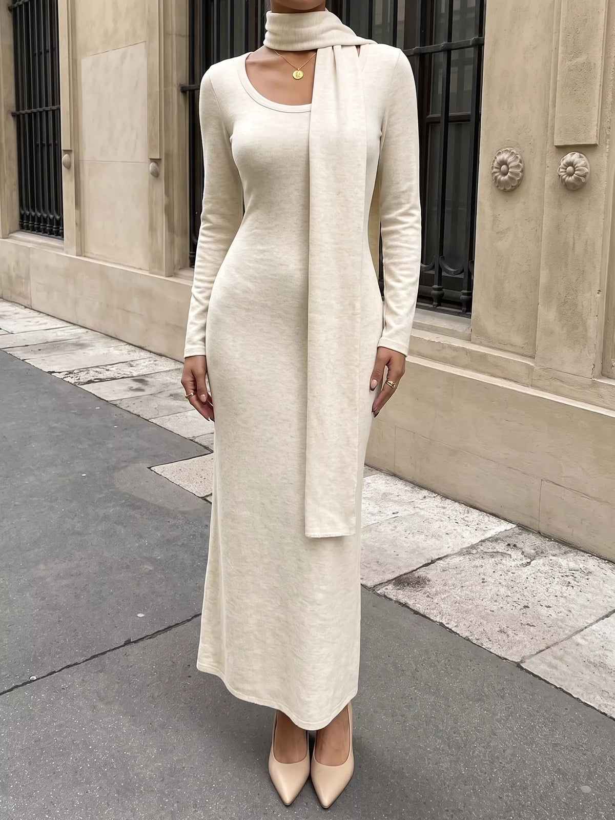 Round Neck Knit Maxi Dress with Scarf in Apricot