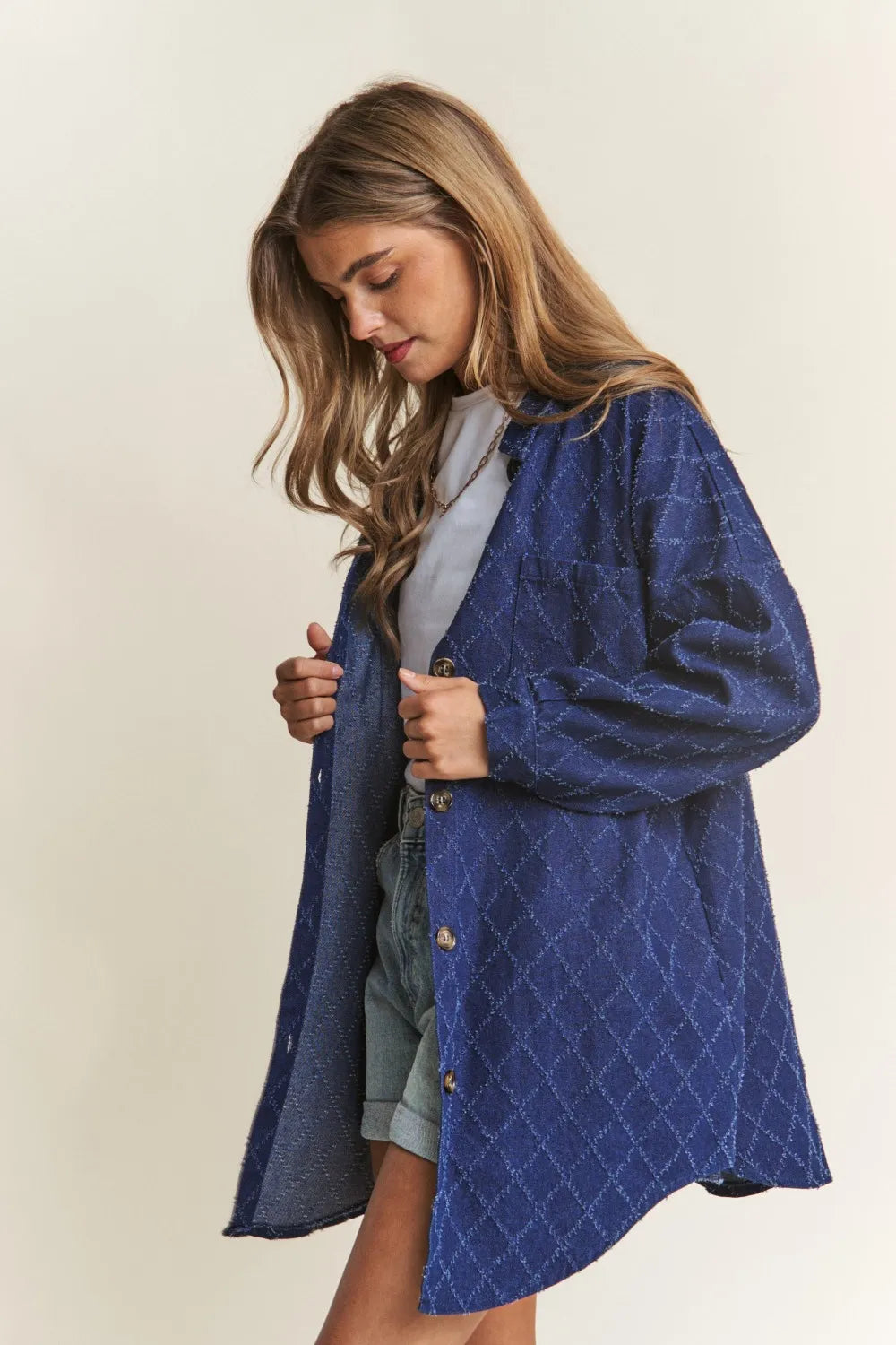 Rhombus Stitched Denim Shacket in Dark Denim by J.NNA