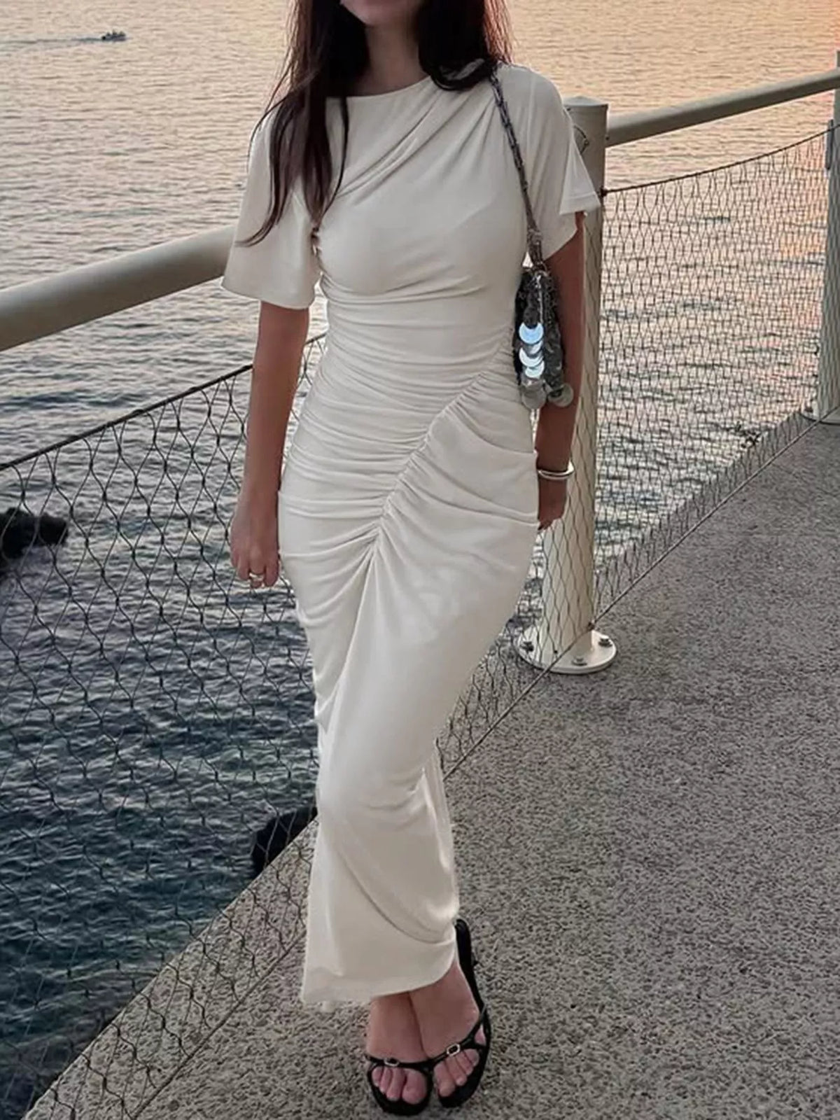 Ruched Short Sleeve Maxi Dress in Apricot