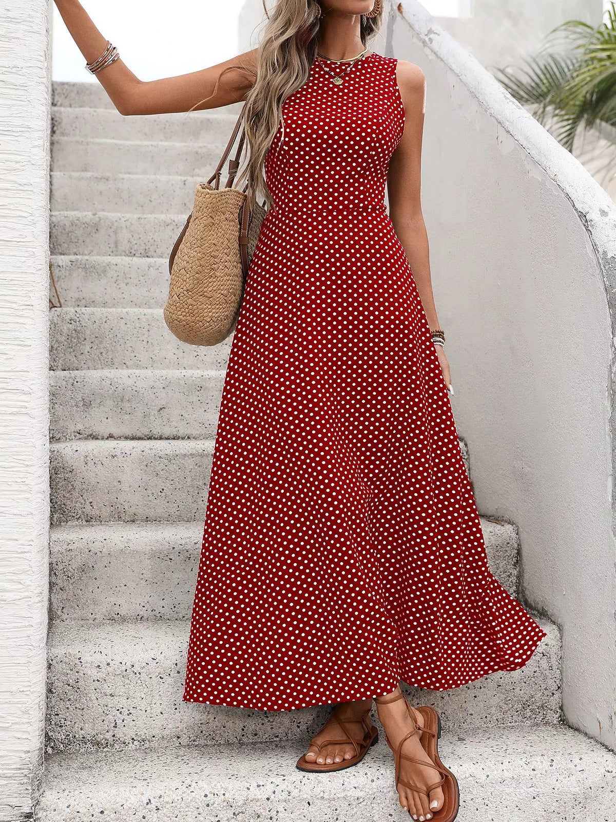 Sleeveless Polka Dot Tie Maxi Dress