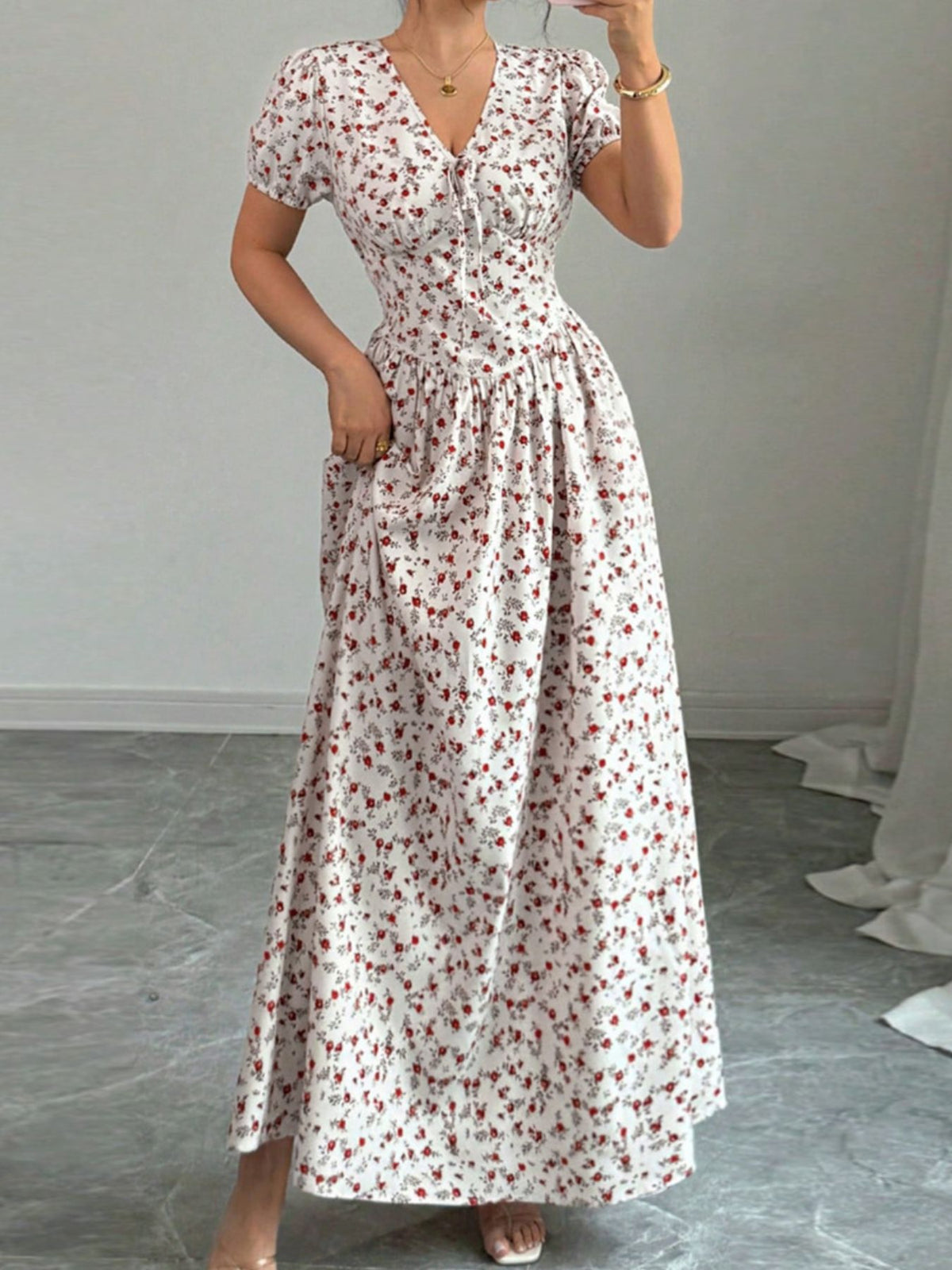 Floral Print V-Neck Maxi Dress in Pink