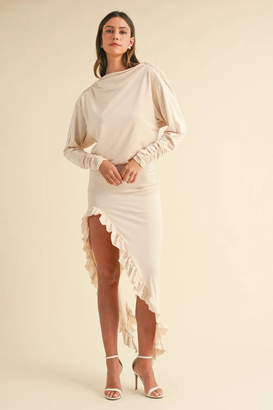 Backless Asymmetric Ruffle Hem Maxi Dress in Cream