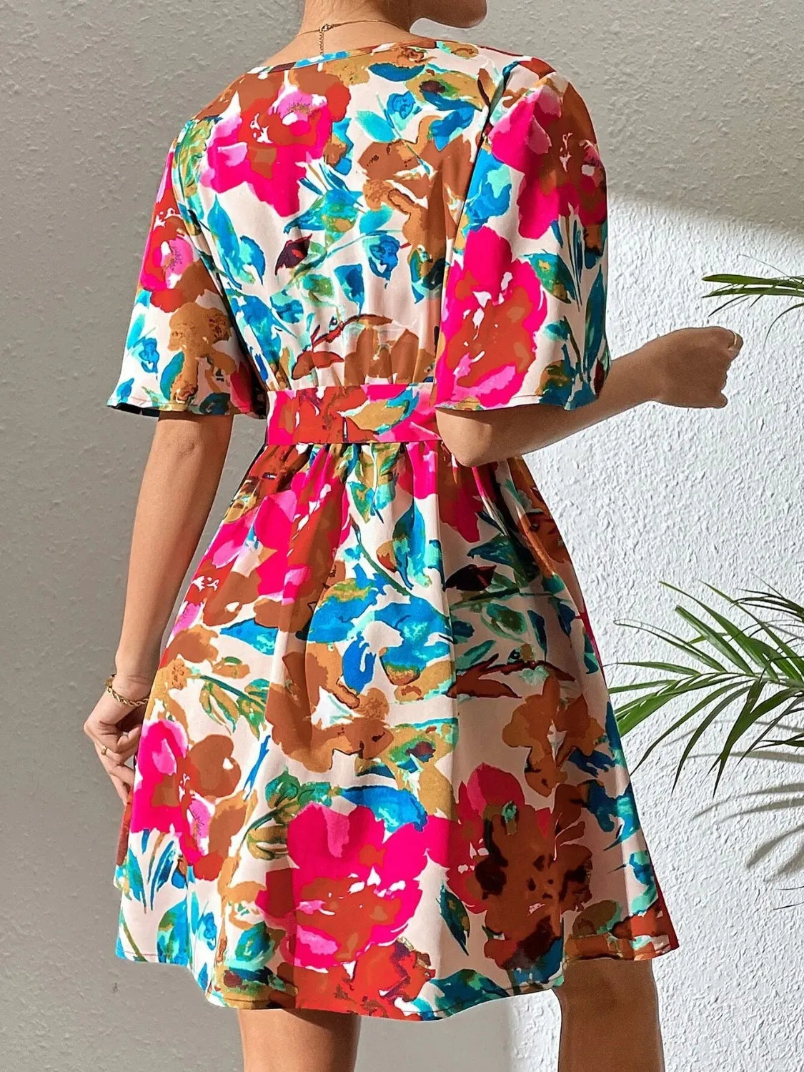 Printed Surplice Mini Dress in Hot Pink