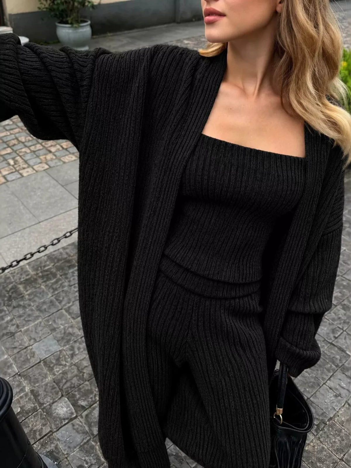 Ribbed Knit Three-Piece Sweater Set