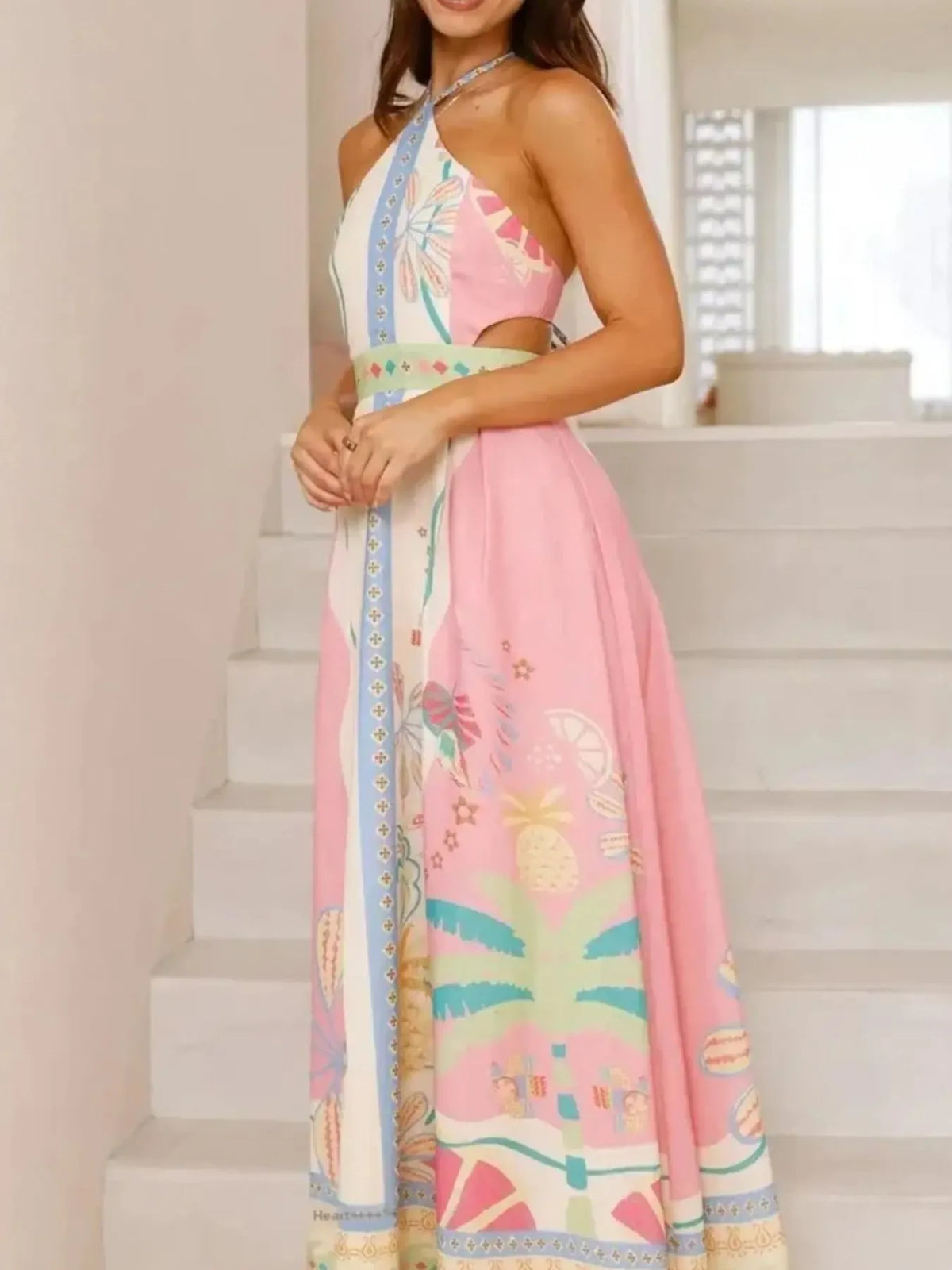 Halter Neck Printed Backless Maxi Dress in Blush Pink