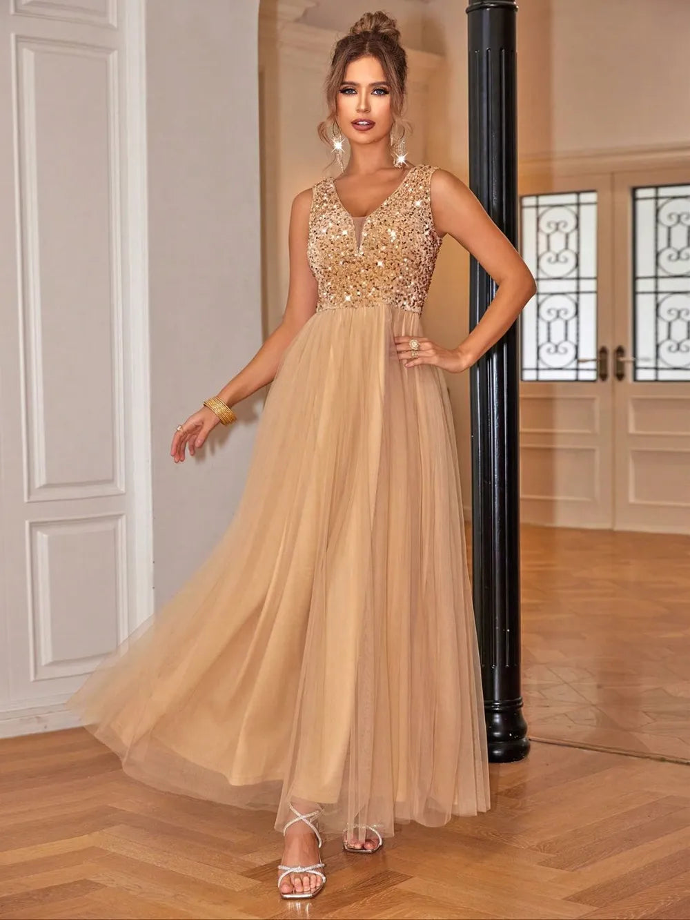 Sequin V-Neck Dress in Tan by Jubilair