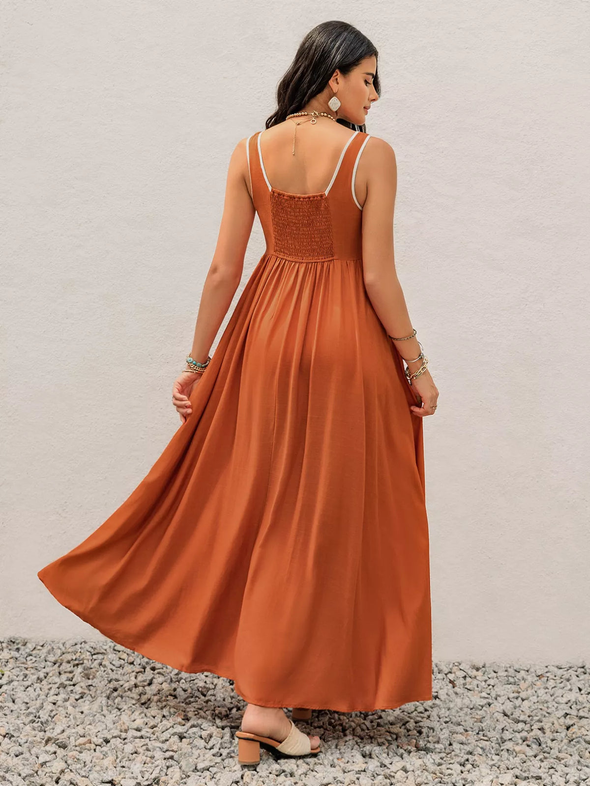 Contrast Trim Lace-Up Maxi Tank Dress in Terracotta