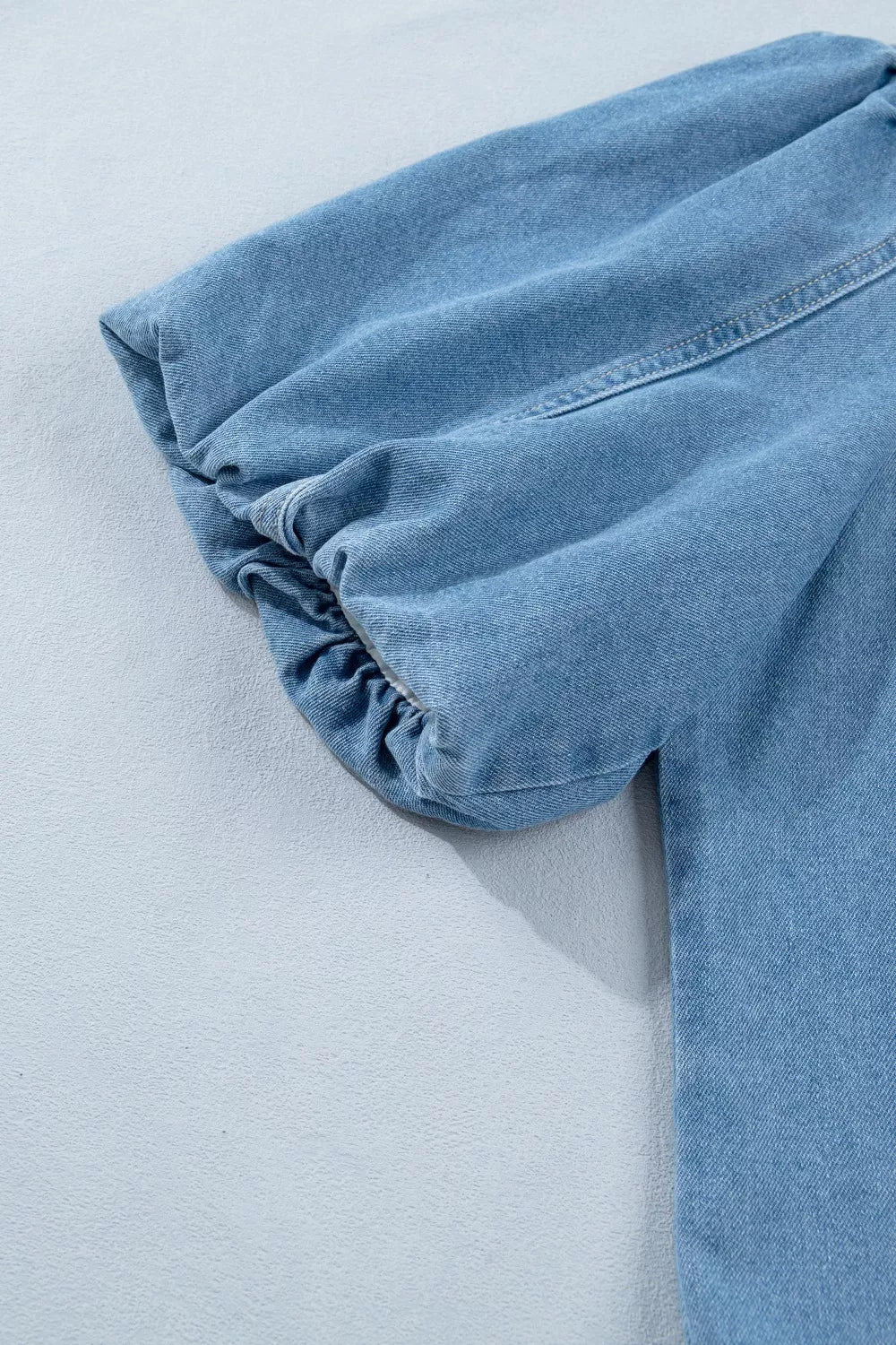Puff Sleeve Ruffle Hem Denim Shirt Dress in Light Blue