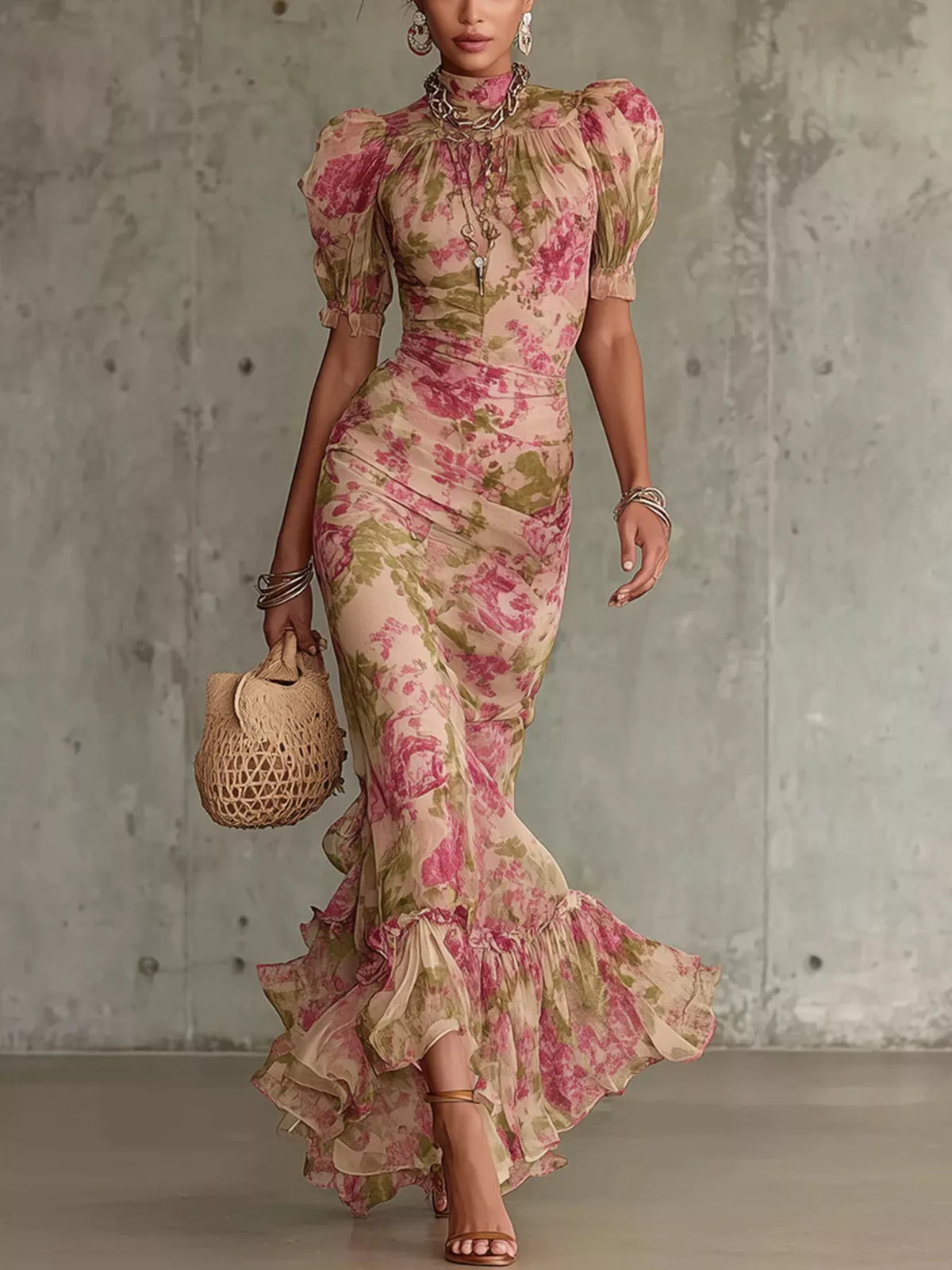 Floral High-Neck Puff Sleeve Maxi Dress