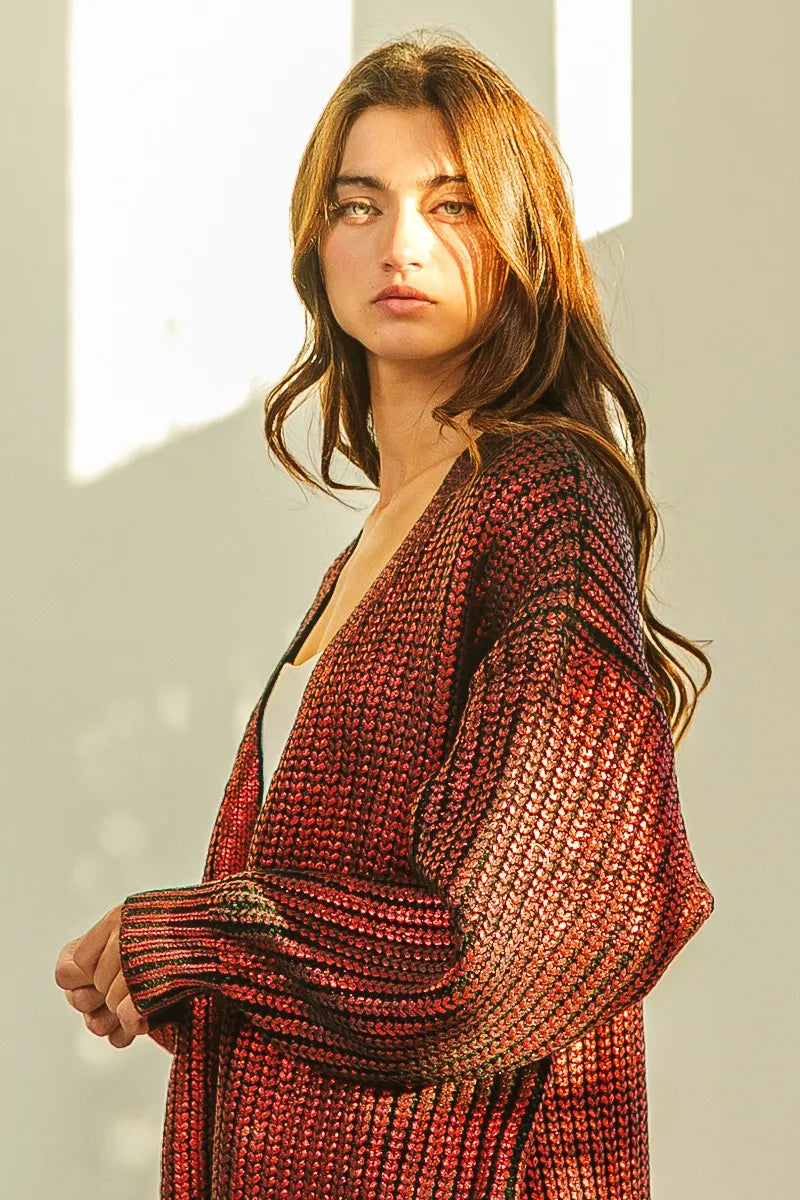 Metallic Open Front V-Neck Cardigan in Burnt Orange by BiBi