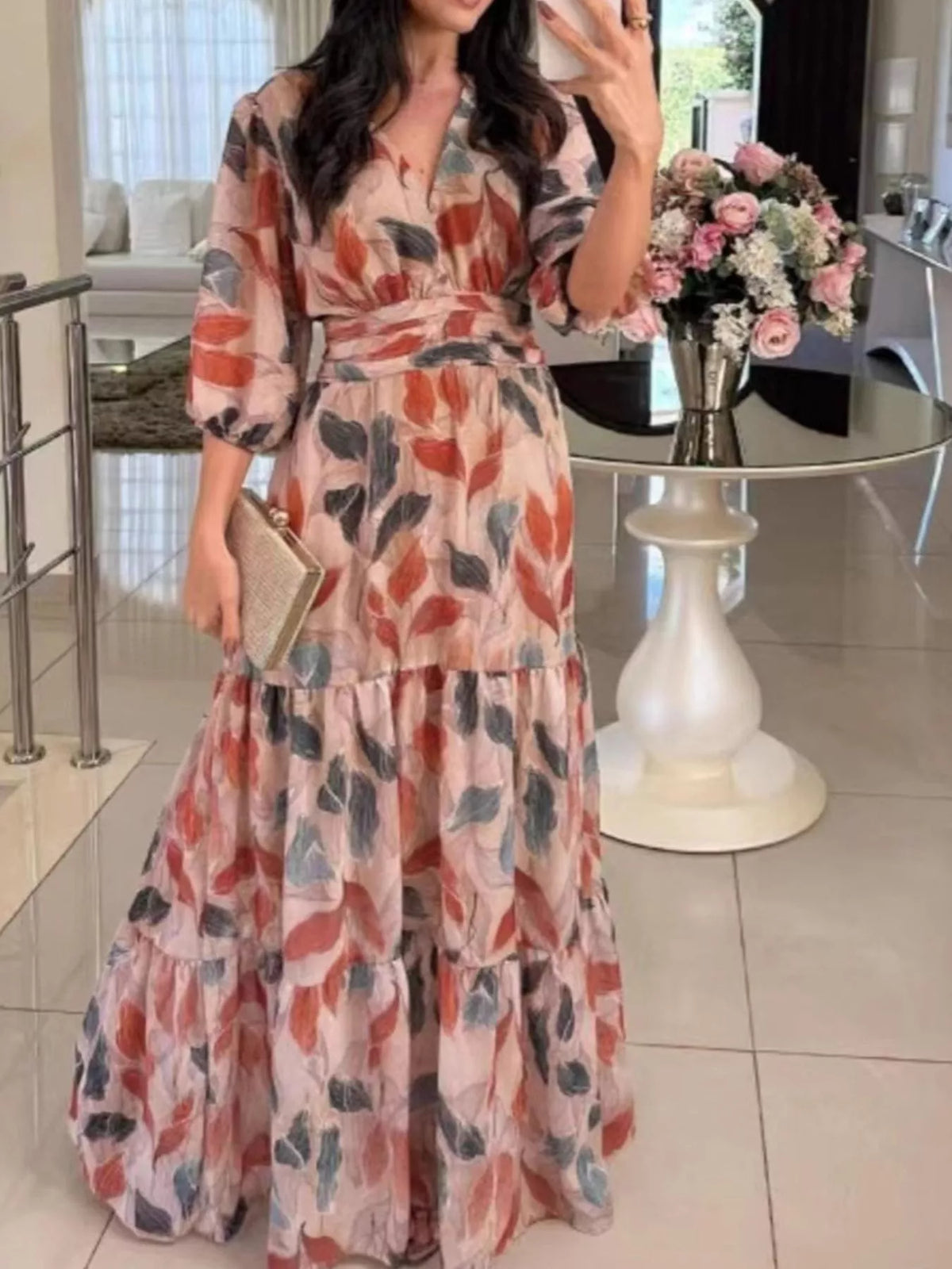 Printed V-Neck Tiered Hem Maxi Dress