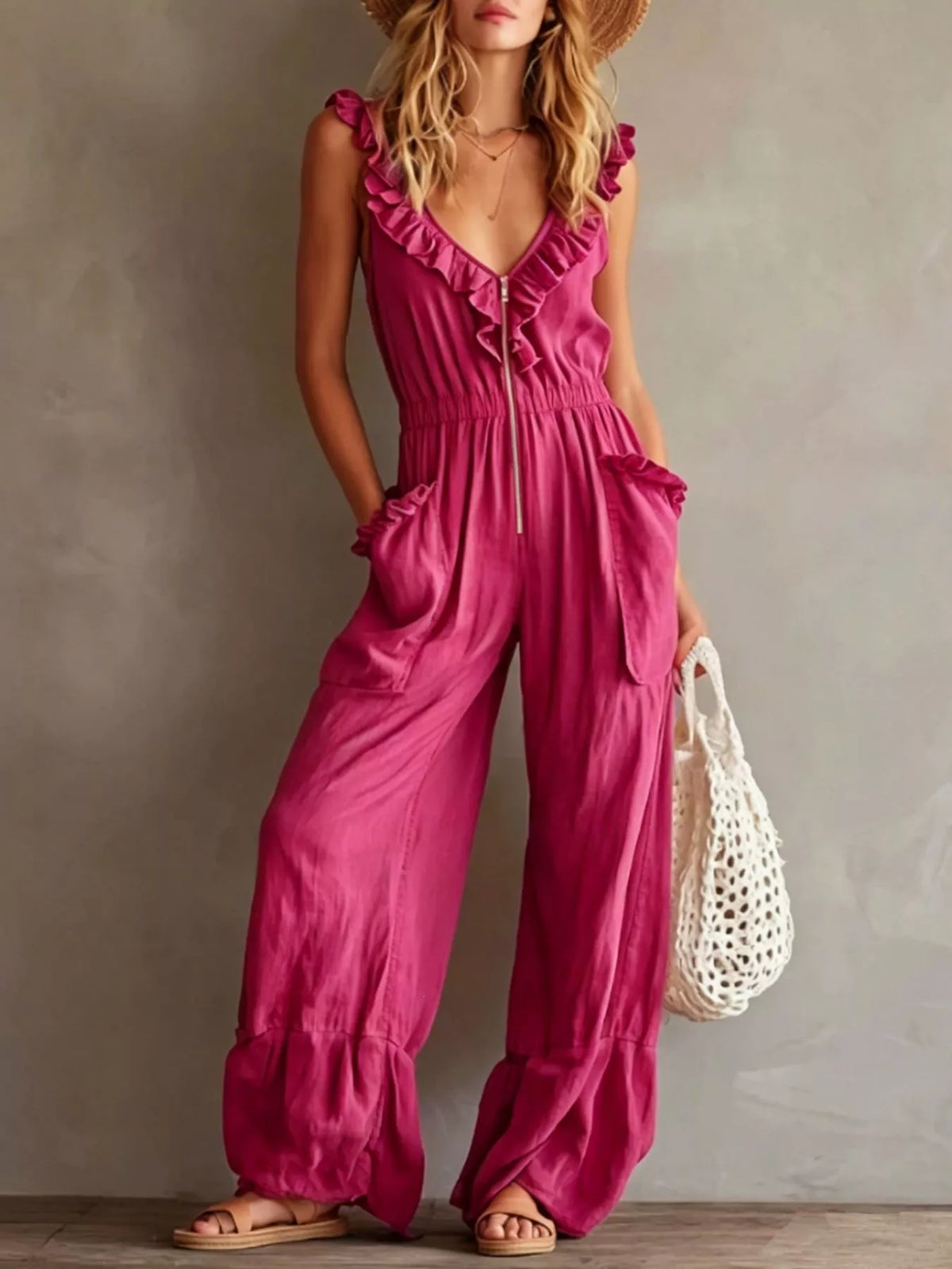 Ruffled V-Neck Jumpsuit with Pockets