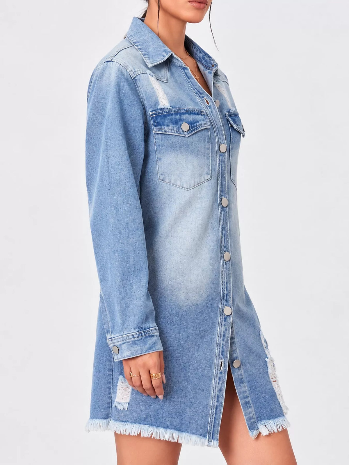 Distressed Longline Denim Jacket in Light Blue