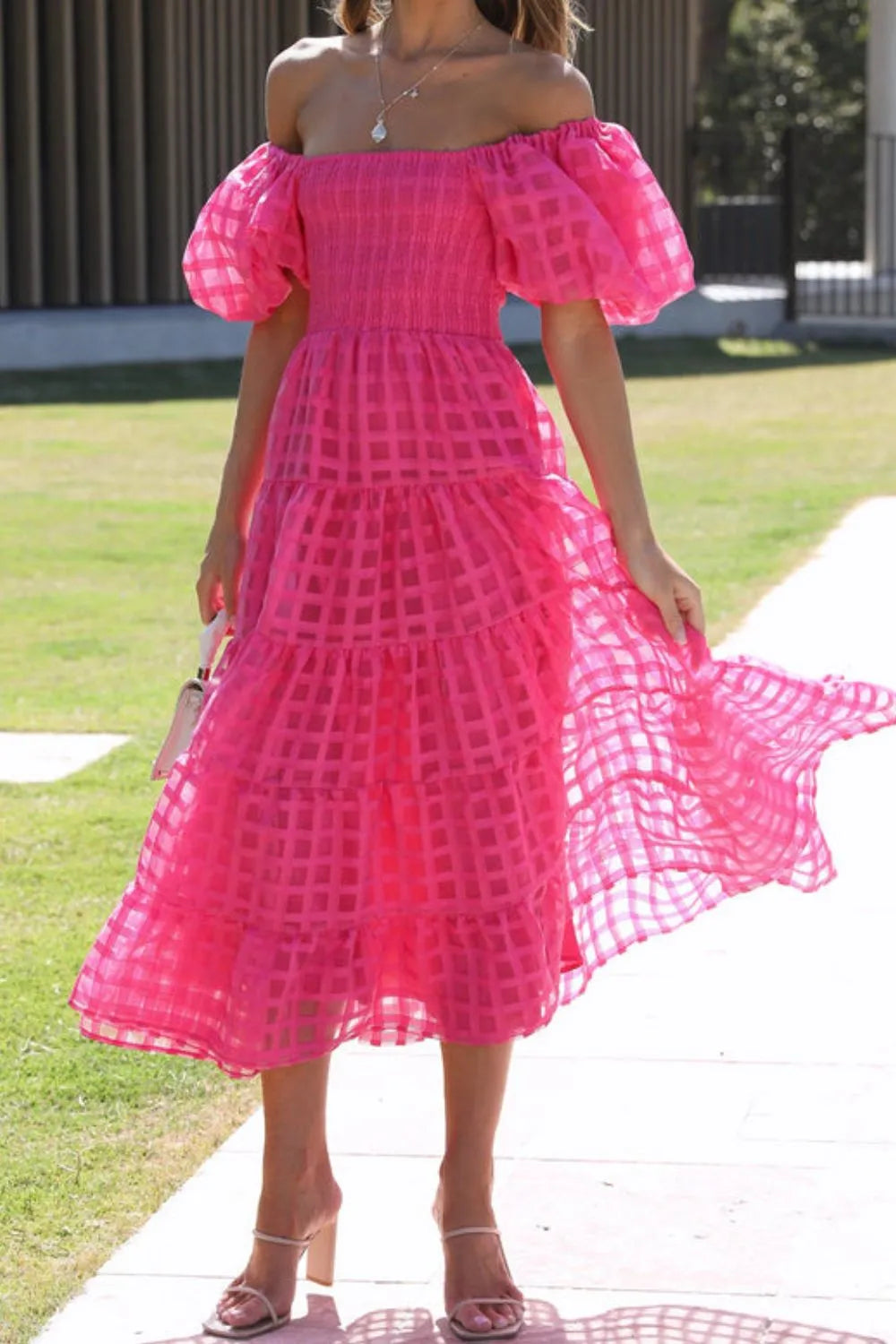Off Shoulder Puff Sleeve Midi Dress