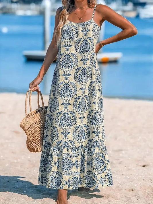 Damask Print Spaghetti Strap Maxi Dress in Sky Blue