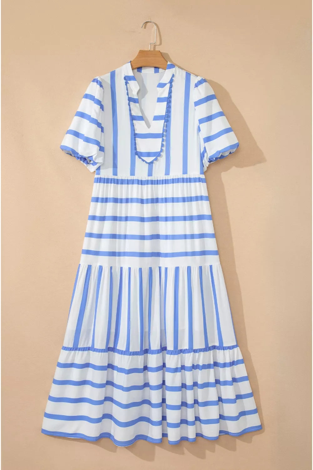Striped Notched Neck Vacation Dress in Light Blue