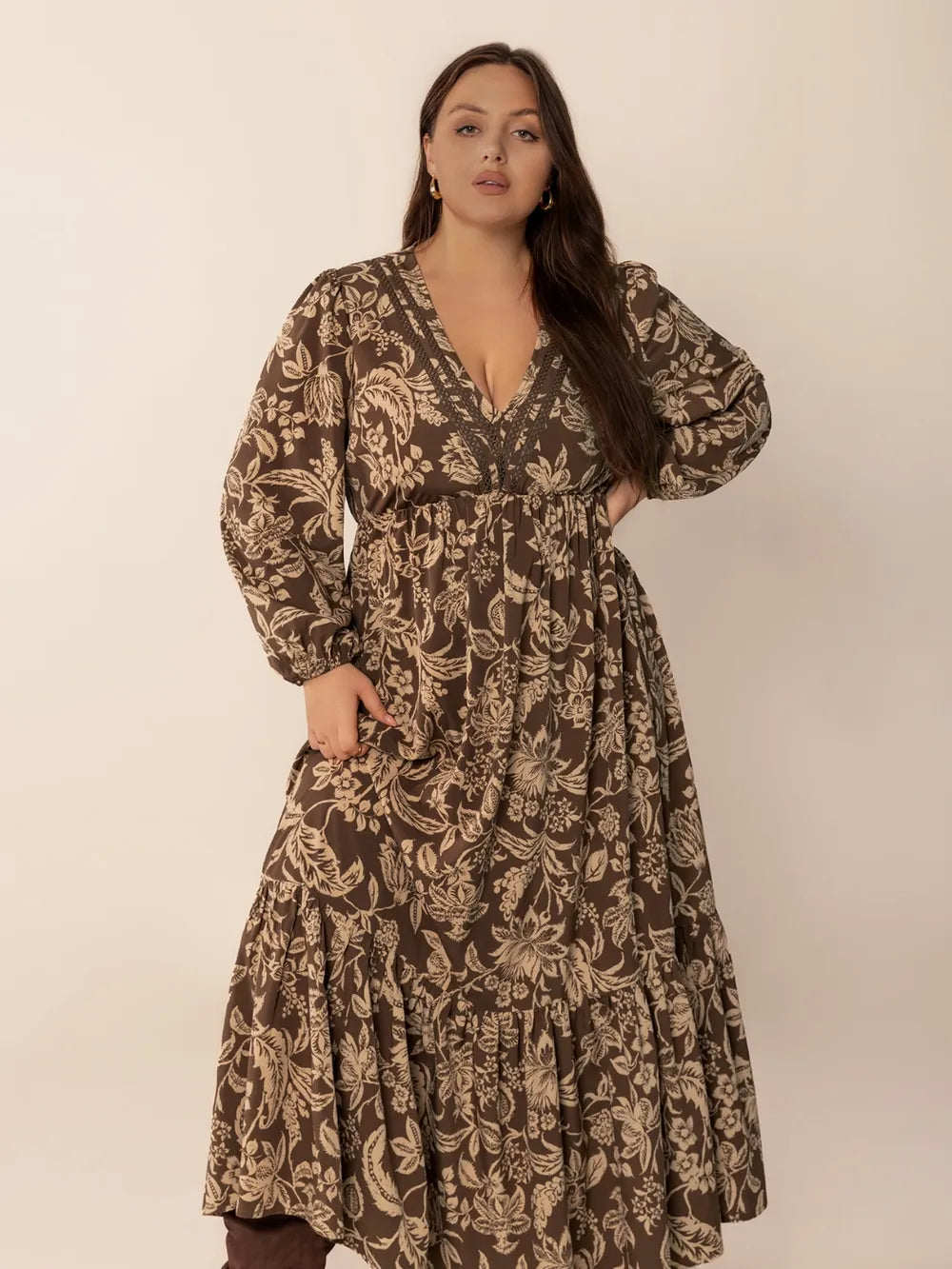 Printed V-Neck Balloon Sleeve Dress in Camel
