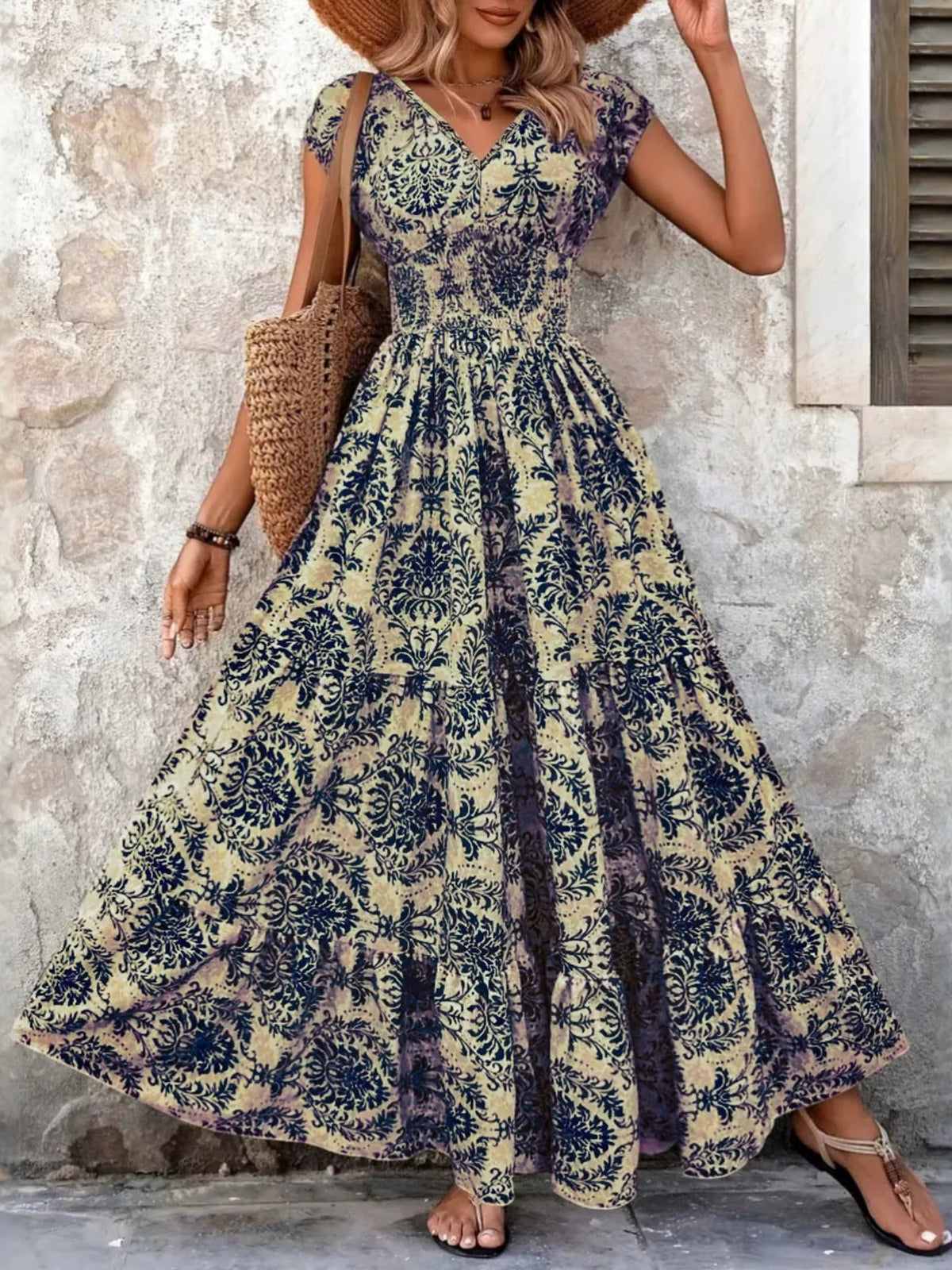 Smocked V-Neck Tiered Maxi Dress