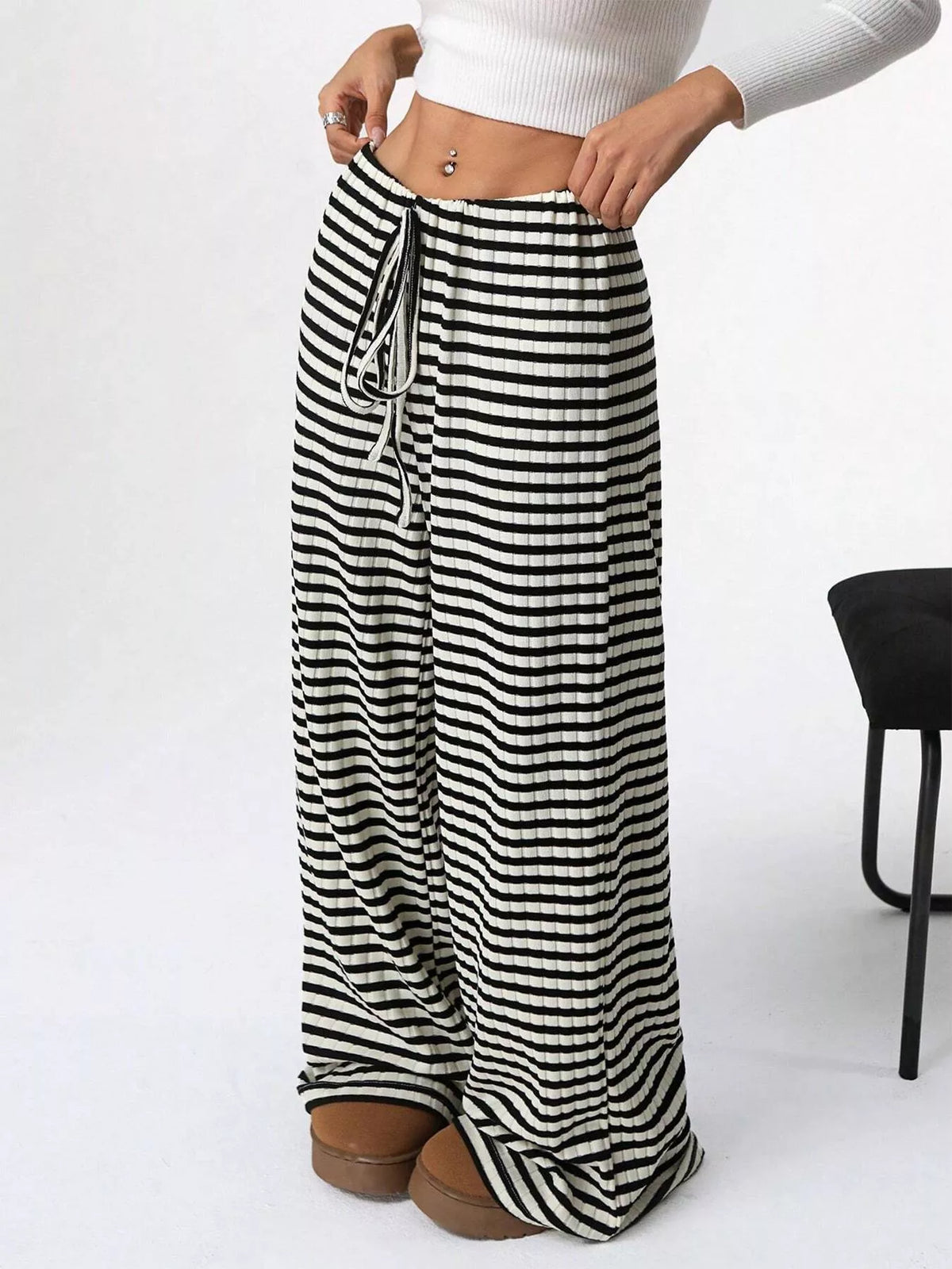 Ribbed Knit Drawstring Wide-Leg Pants
