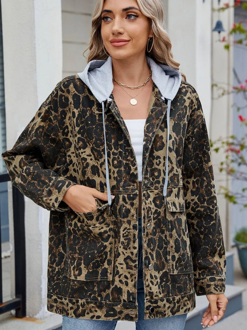 Leopard Print Denim Jacket with Removable Hat by Moni Wear