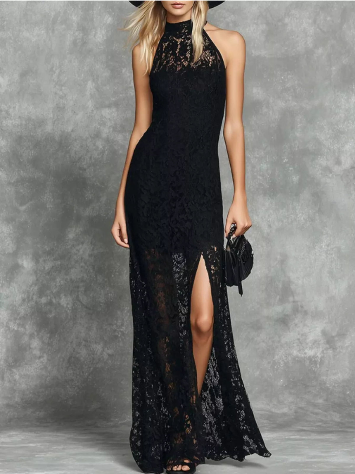 Lace Slit Maxi Dress in Black
