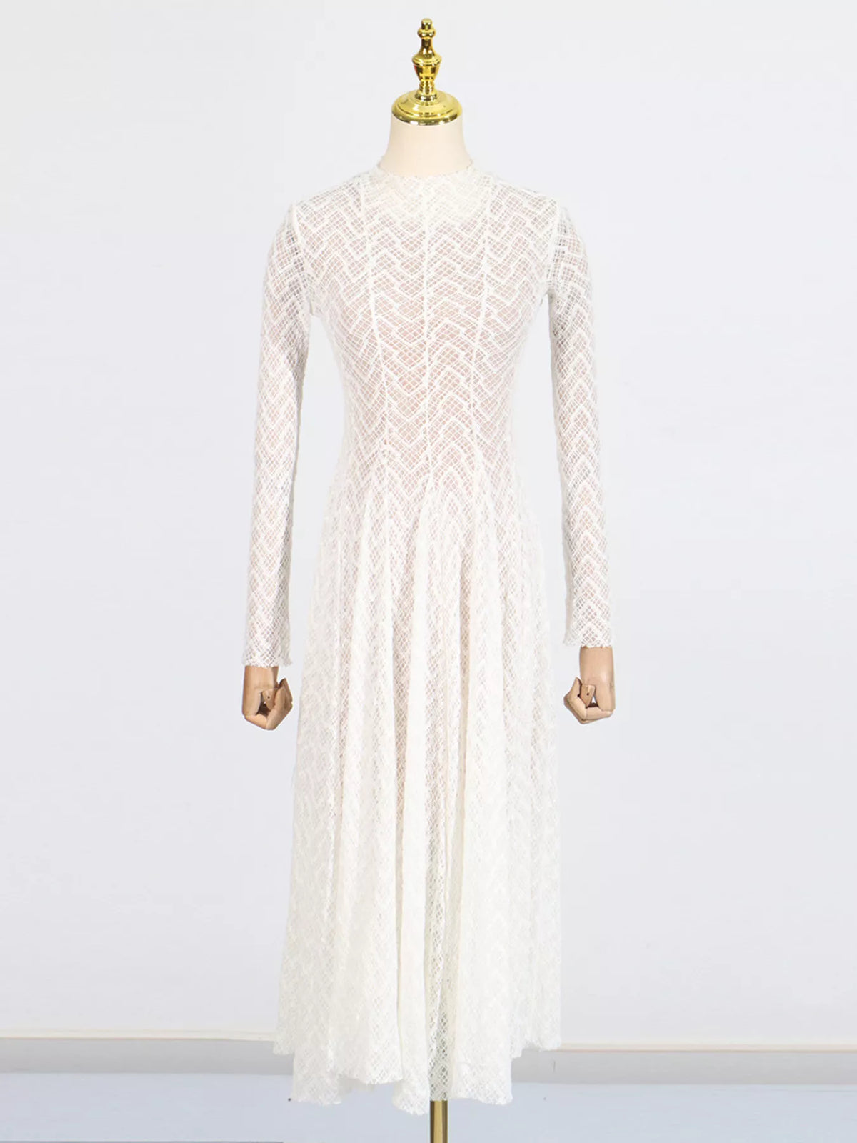 Lace Mock Neck Long Sleeve Maxi Dress in White