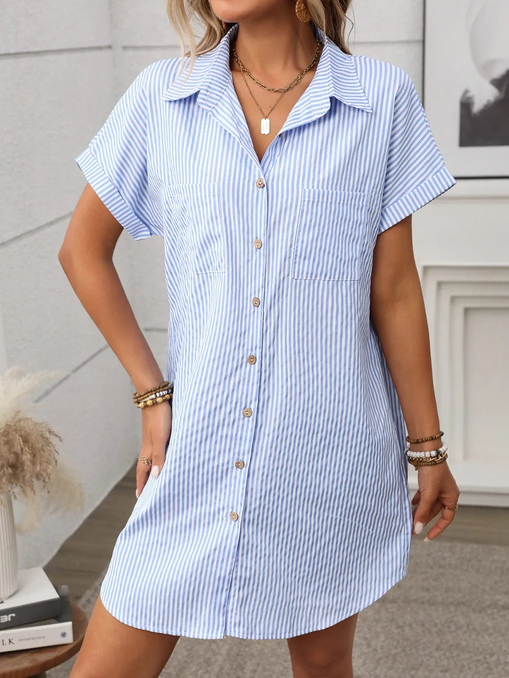Striped Button-Down Mini Dress