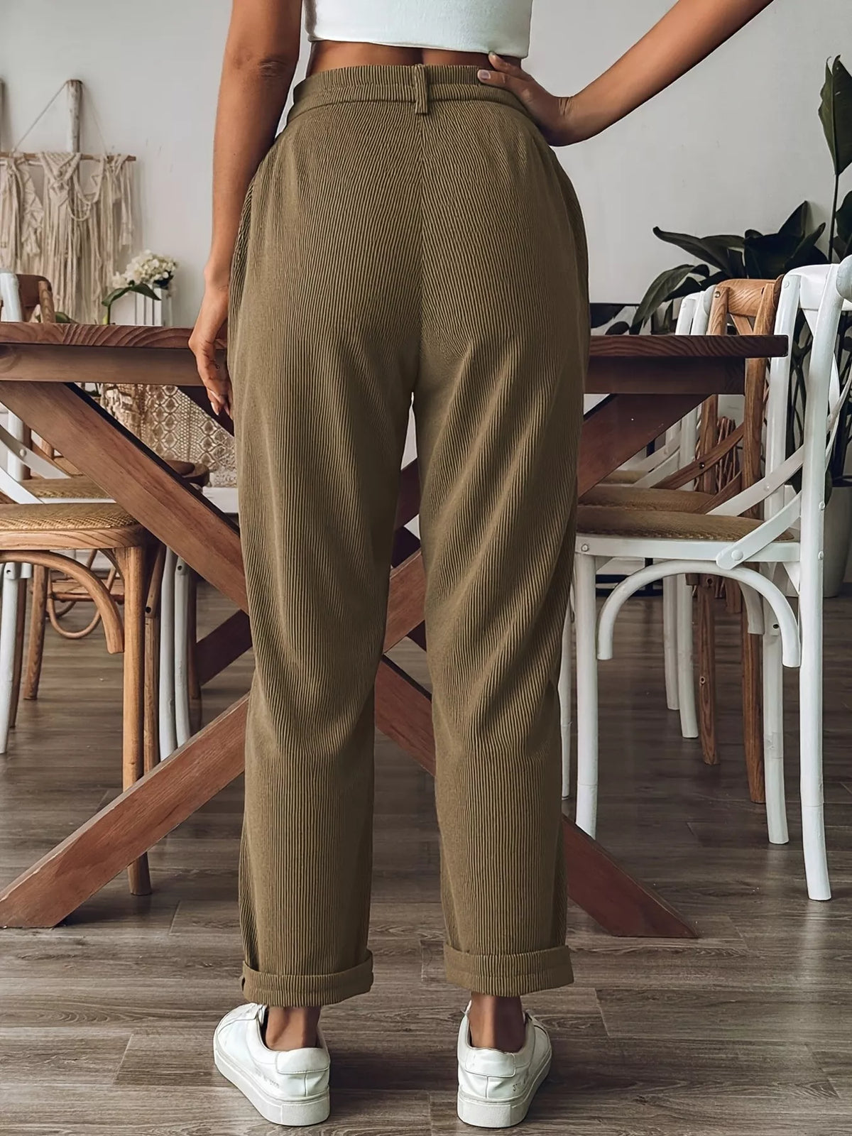 Textured Corduroy Straight-Leg Pants in Khaki