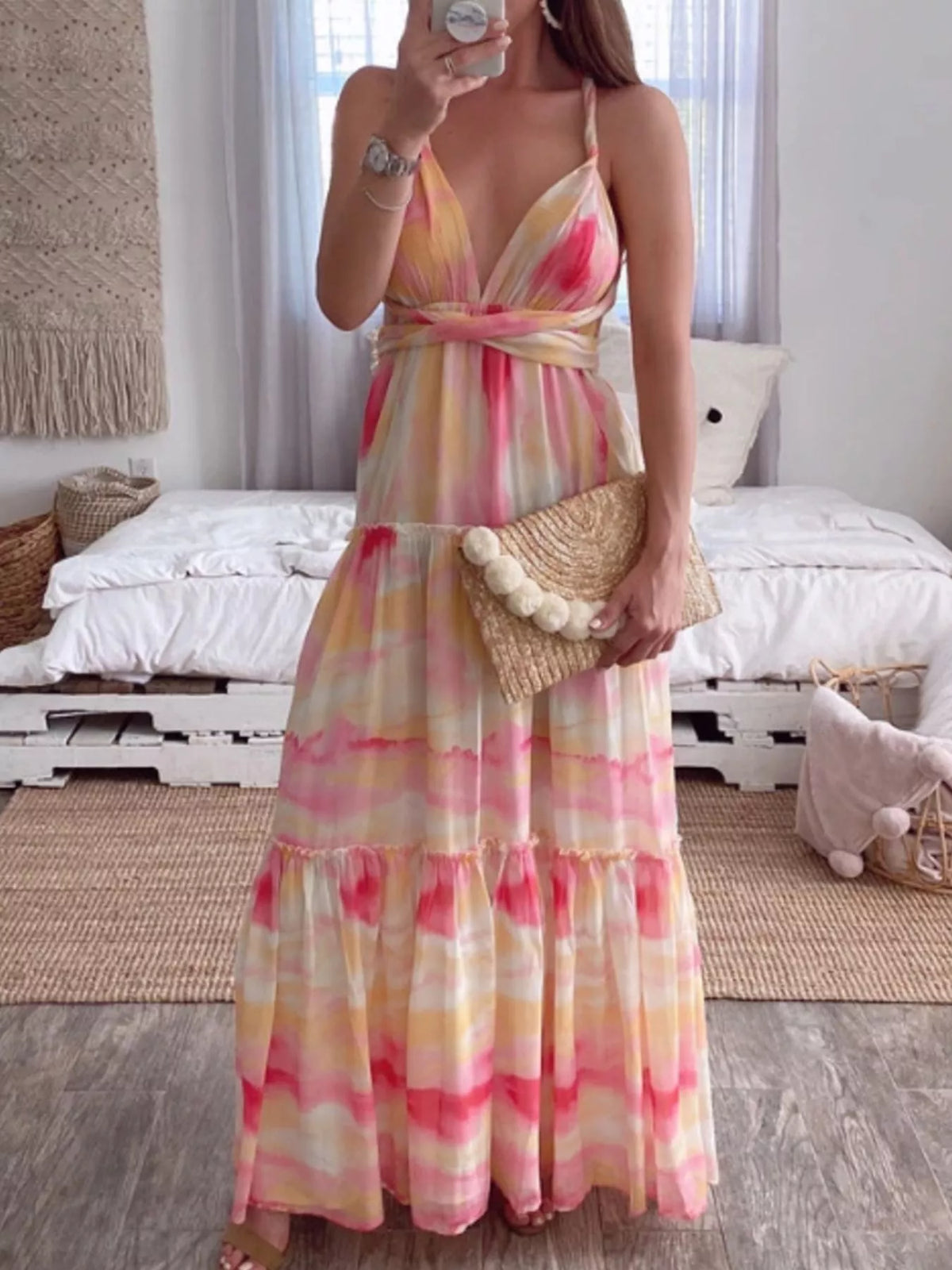 Tie-Dye Tiered Maxi Dress in Pink