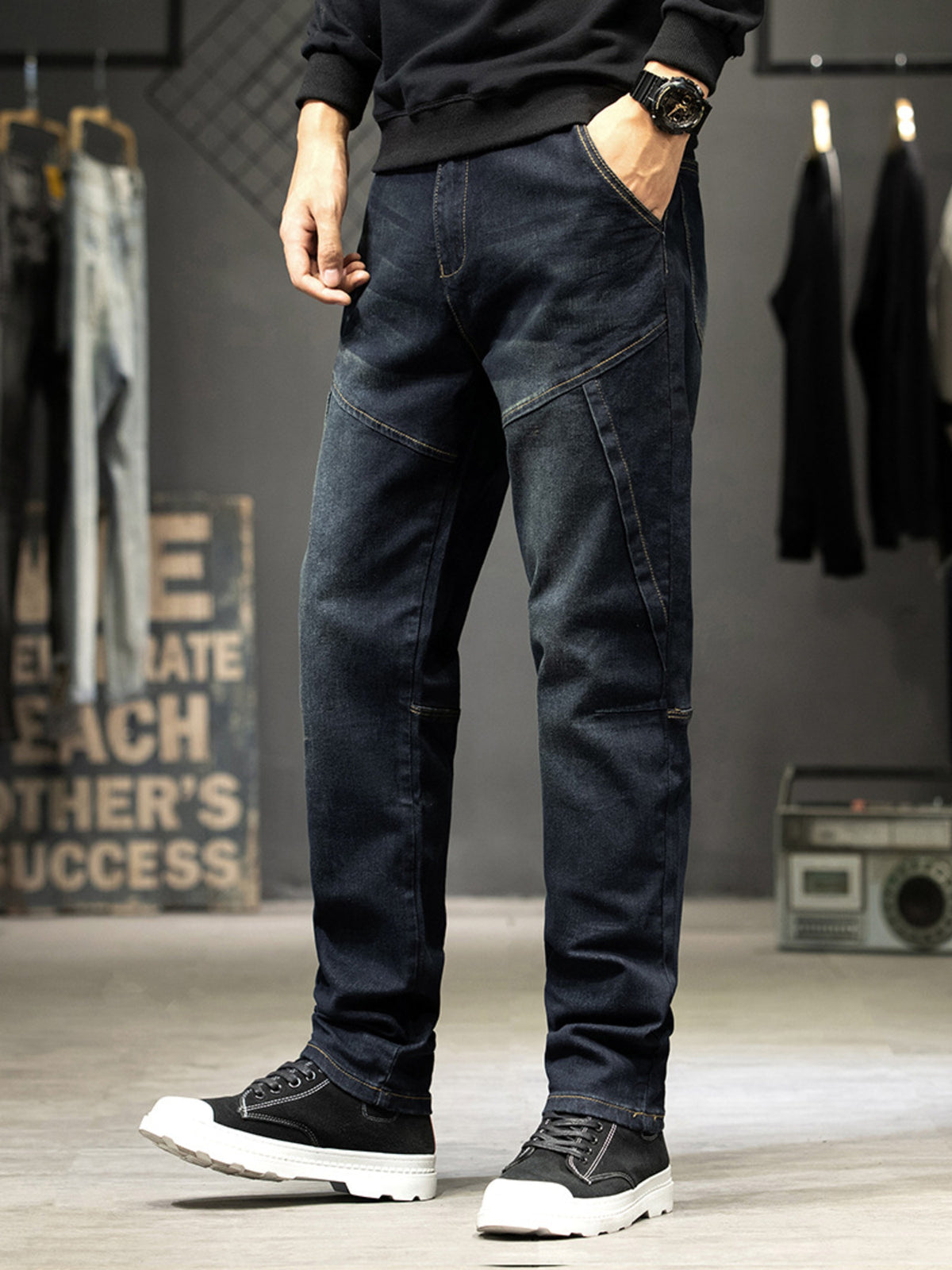 Slim-Fit Paneled Washed Jeans in Black by True Self