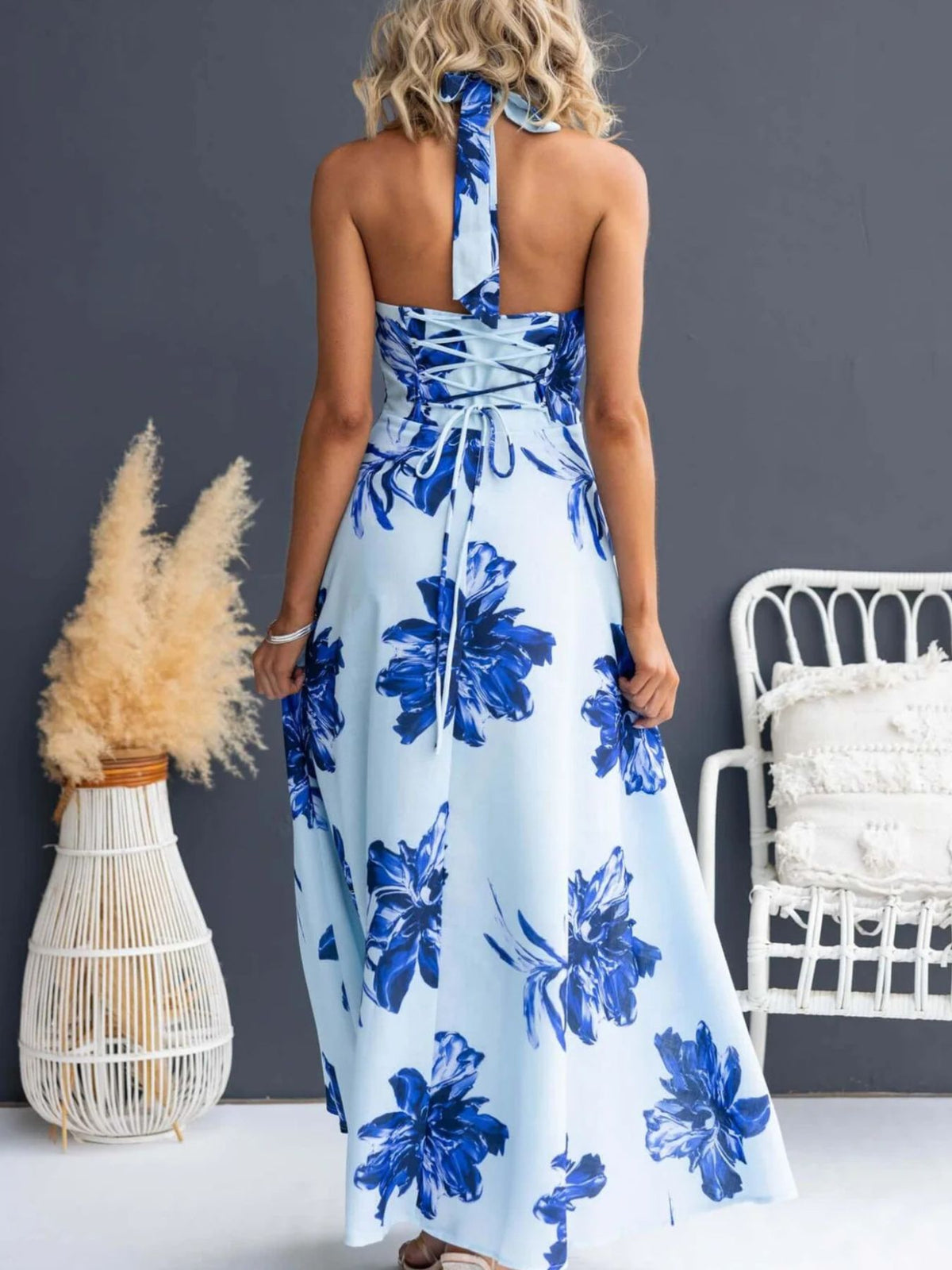 Floral Print Lace-Up Halter Maxi Dress