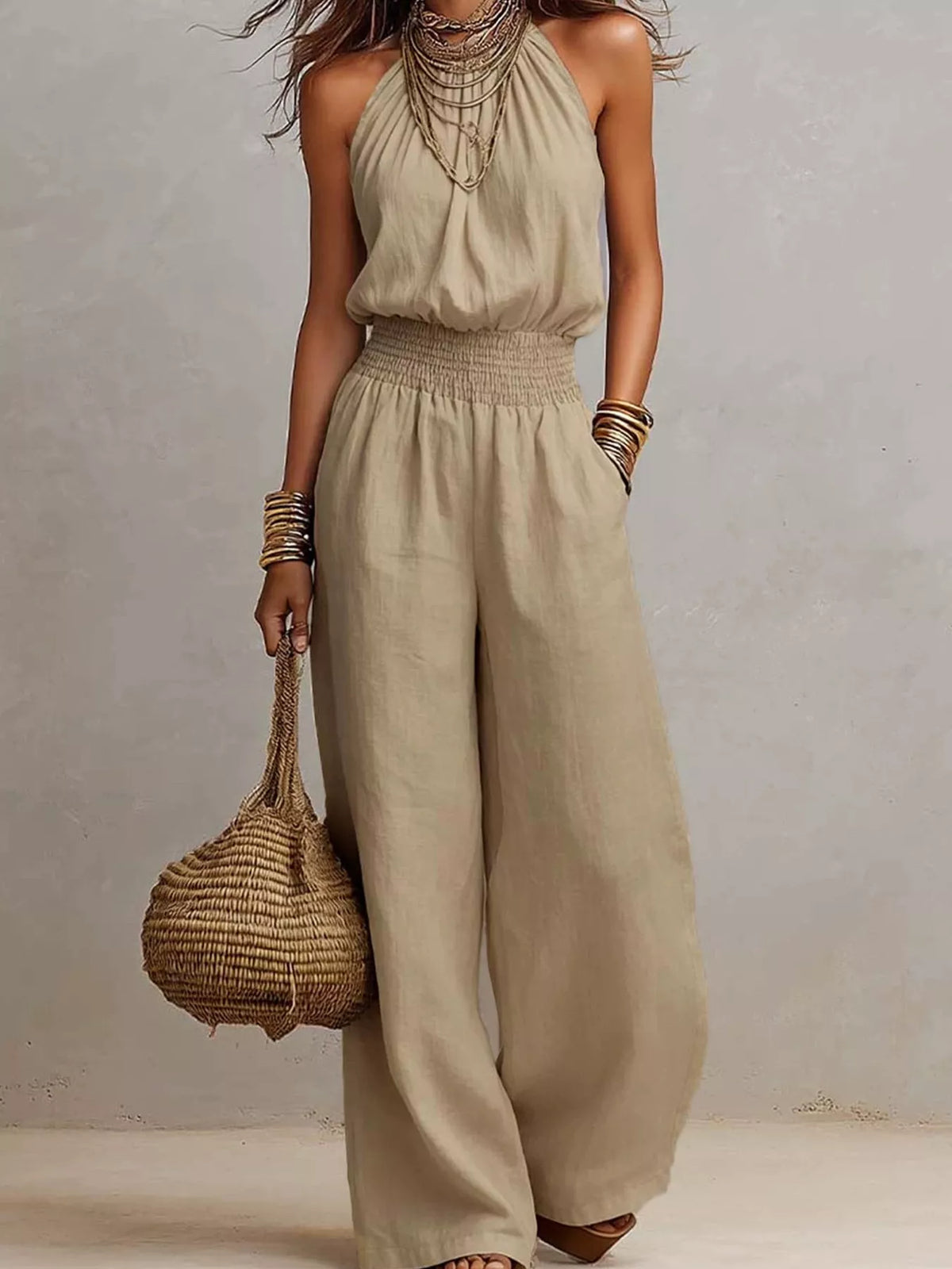 Halter Neck Wide-Leg Jumpsuit in Khaki