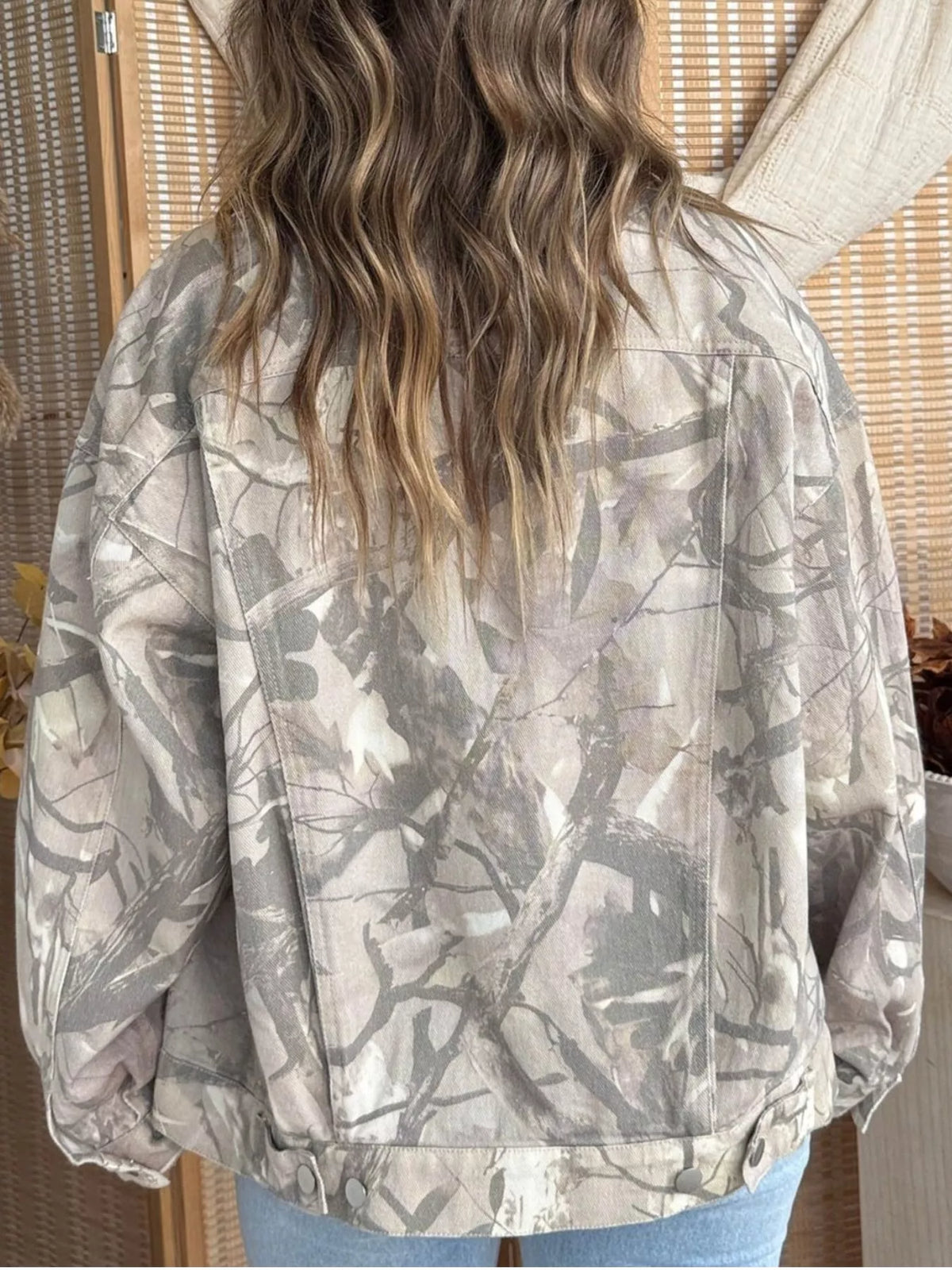 Gray Printed Button Up Denim Jacket