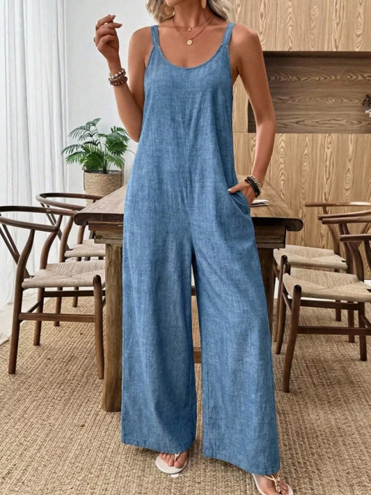Spaghetti Strap Wide Leg Jumpsuit in Dusty Blue