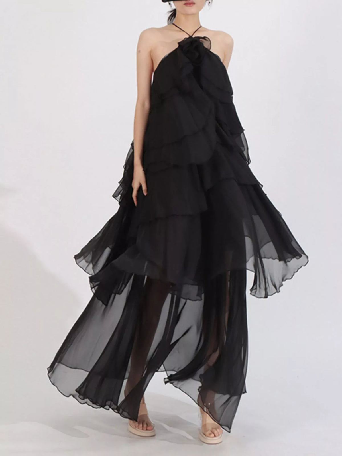 Ruffled Chiffon Halter Maxi Dress