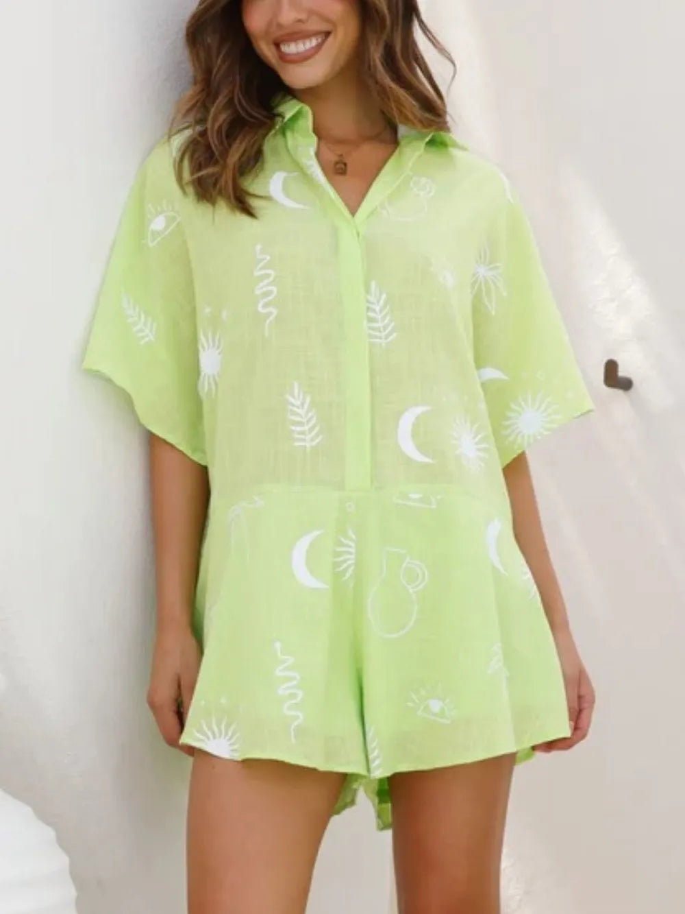 Collared Half-Sleeve Romper in Light Green
