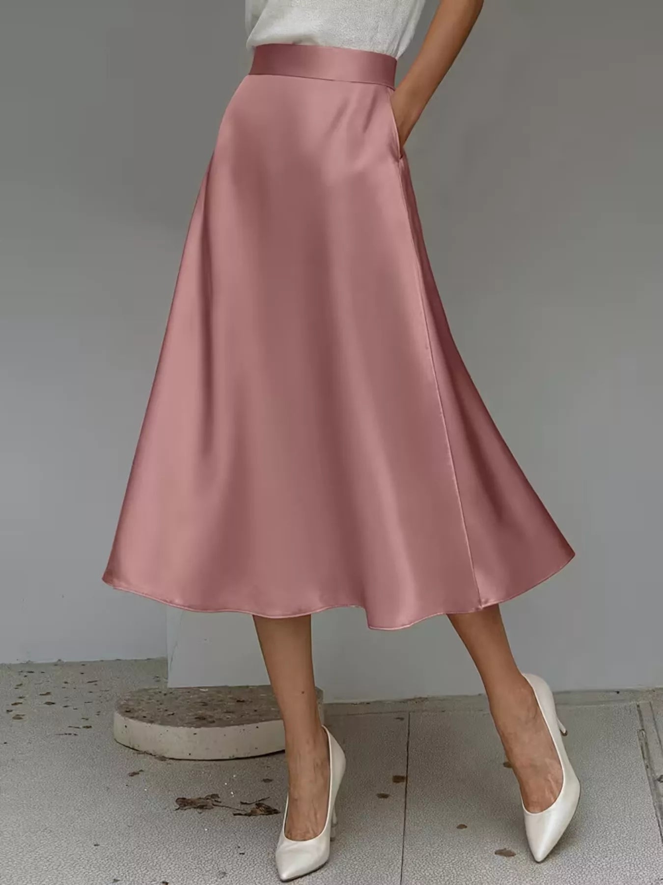 Satin Midi Skirt with Pockets