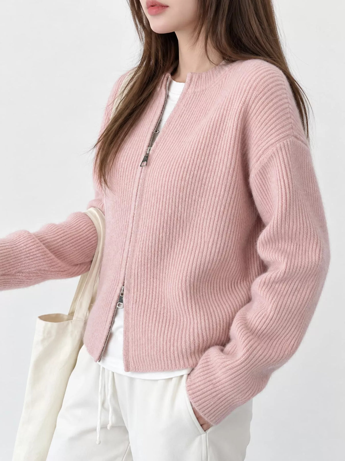 Zip-Up Dropped Shoulder Ribbed Cardigan