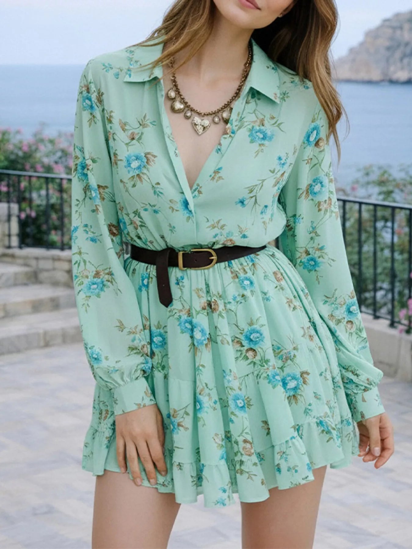 Floral Print Long Sleeve Shirt Dress