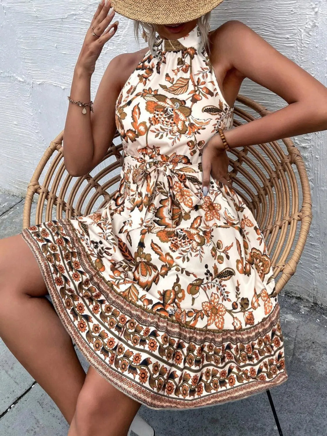Printed Tie Waist Mini Dress