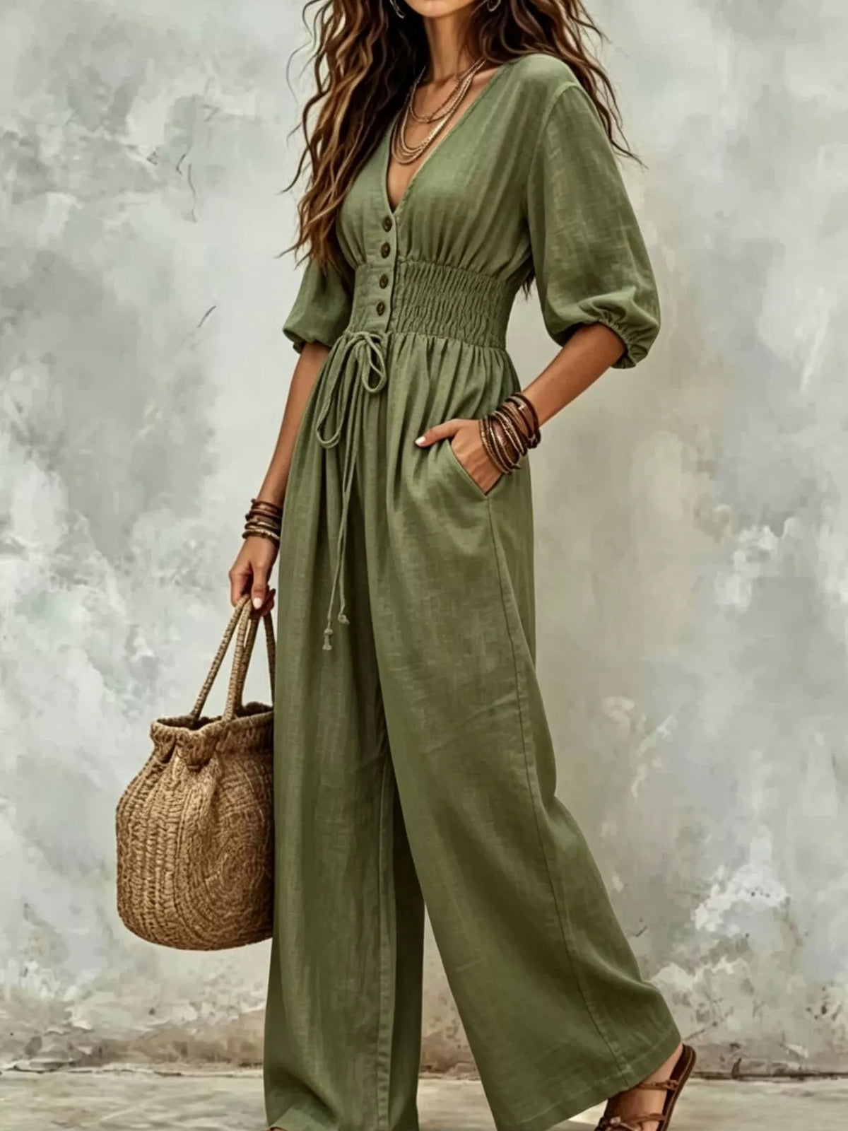 Smocked Waist Wide-Leg Jumpsuit