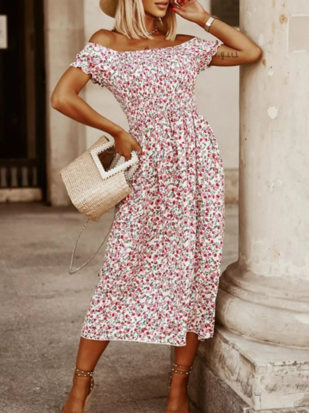 Floral Off-Shoulder Ruched Midi Dress