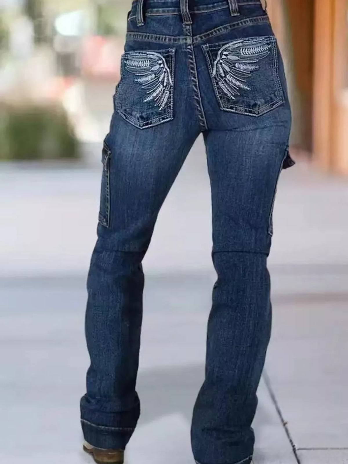 Wings Embroidered High-Rise Cargo Jeans in Dark Blue