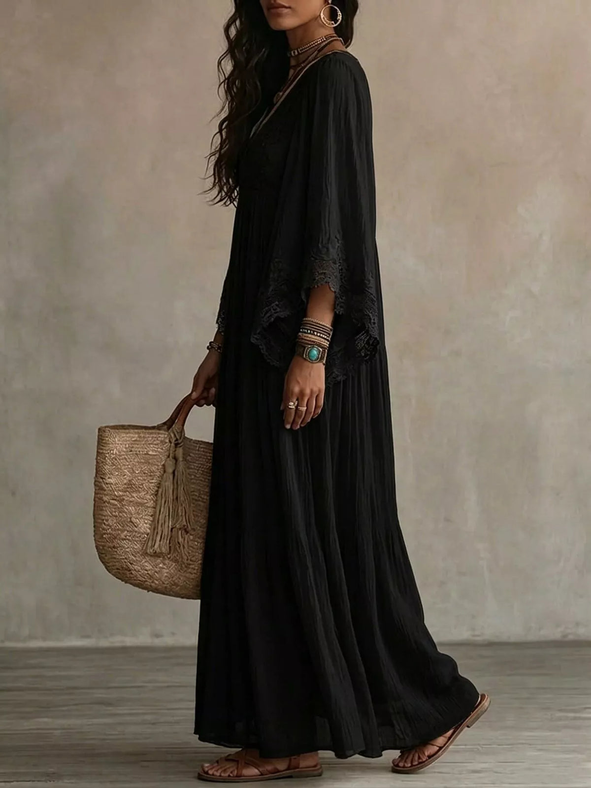 Lace Trim Tiered V-Neck Maxi Dress